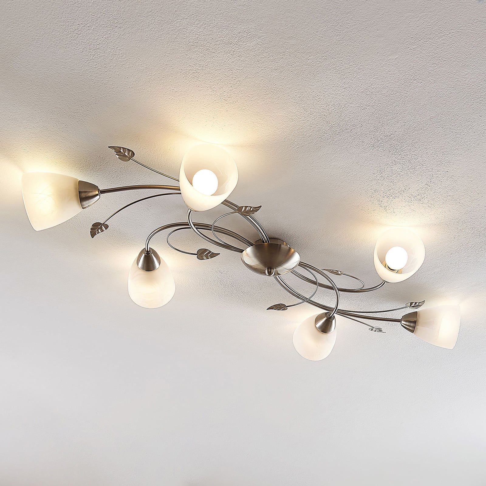 Lindby Deckenlampe Yannie LED Leuchte 6-flg dimmbar nickel weiß 106x58,5cm - 4251096565355