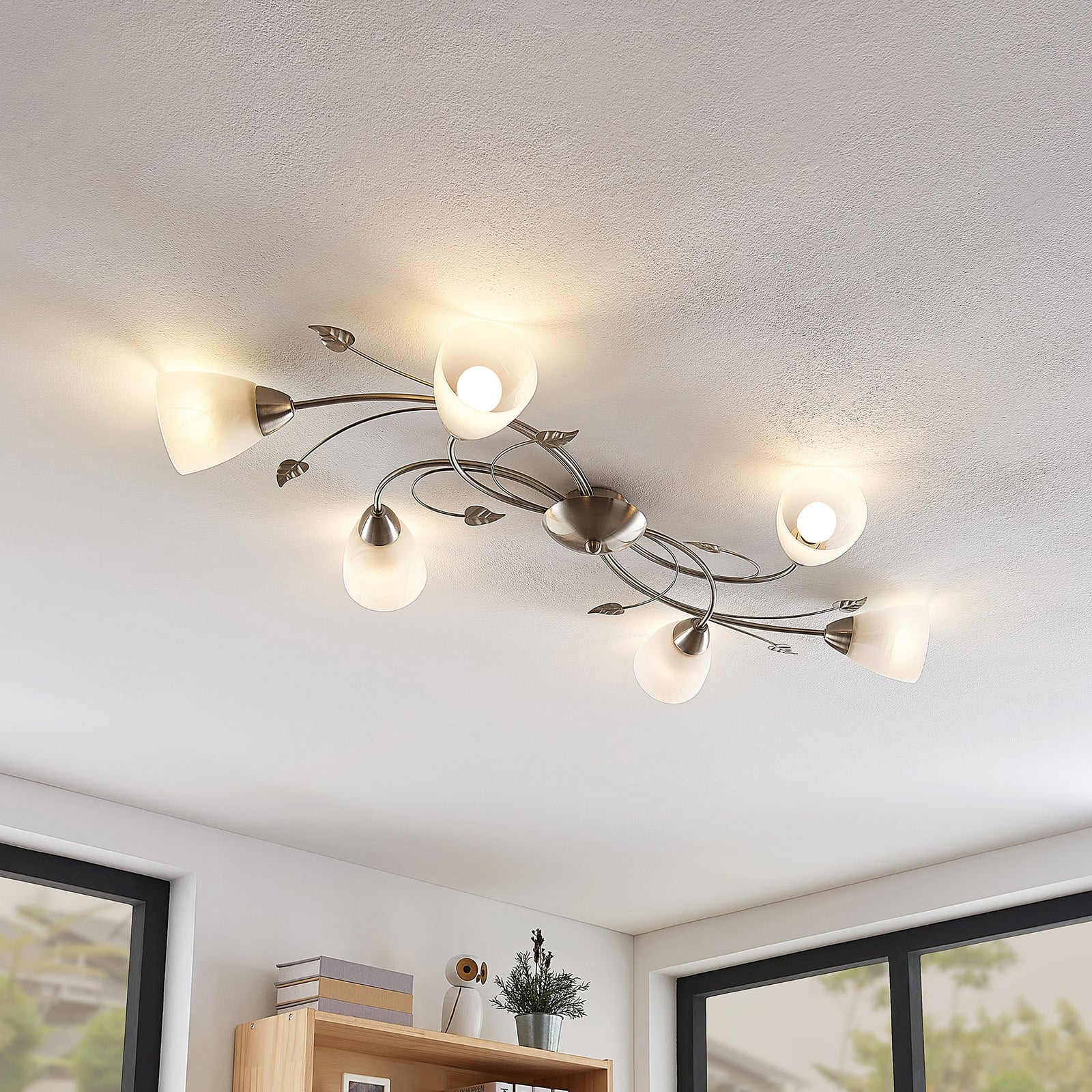 Lindby Deckenlampe Yannie LED Leuchte 6-flg dimmbar nickel weiß 106x58,5cm - 4251096565355