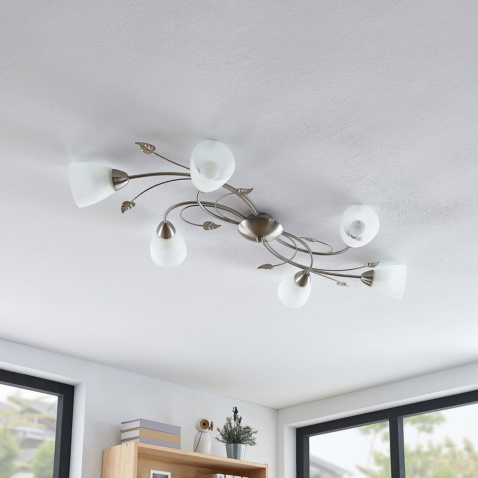 Lindby Deckenlampe Yannie LED Leuchte 6-flg dimmbar nickel weiß 106x58,5cm - 4251096565355