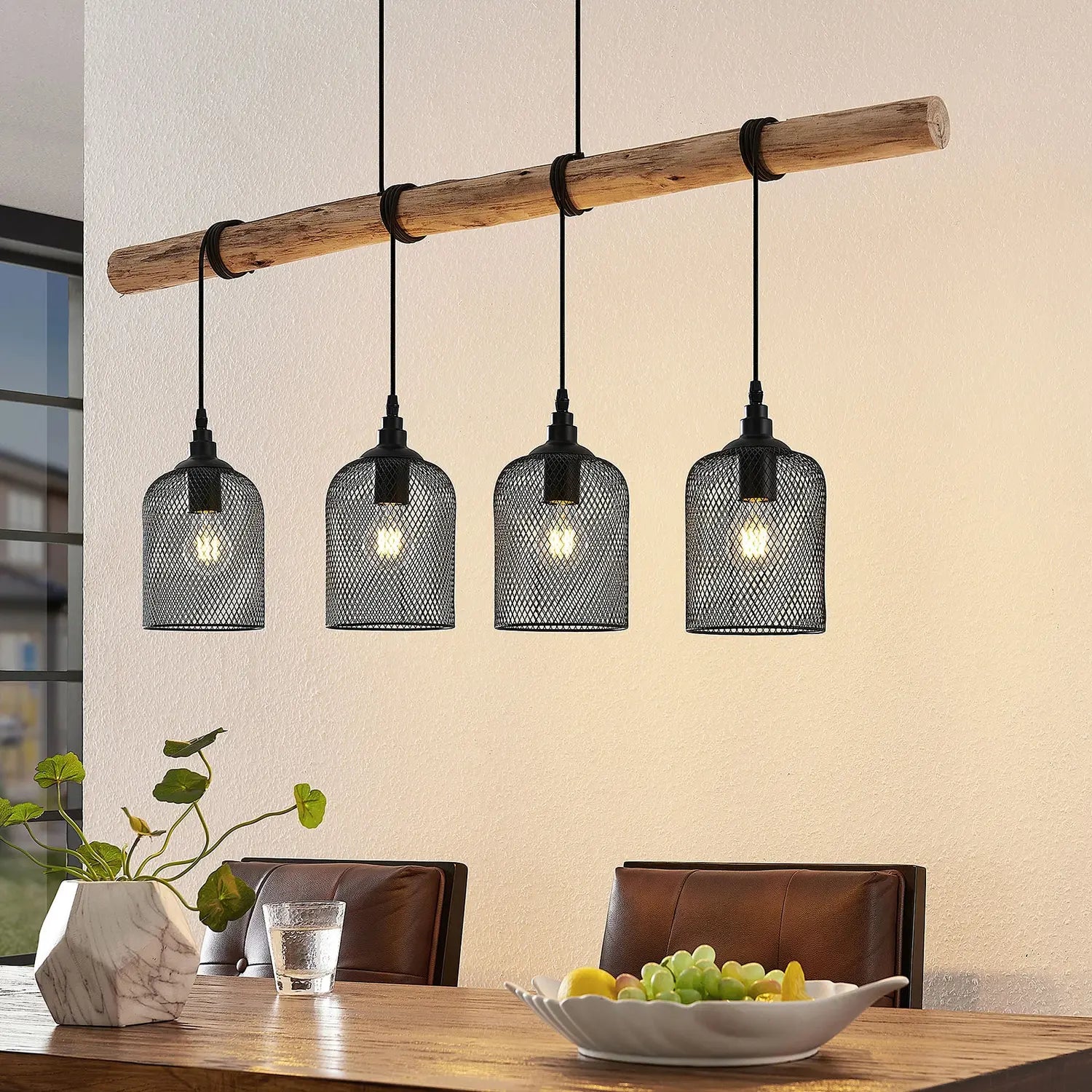 B-Ware Lindby Hängeleuchte Pendelleuchte Elrond Schwarz Holz E27 Led 4 Flammig 116 Cm - 96262184