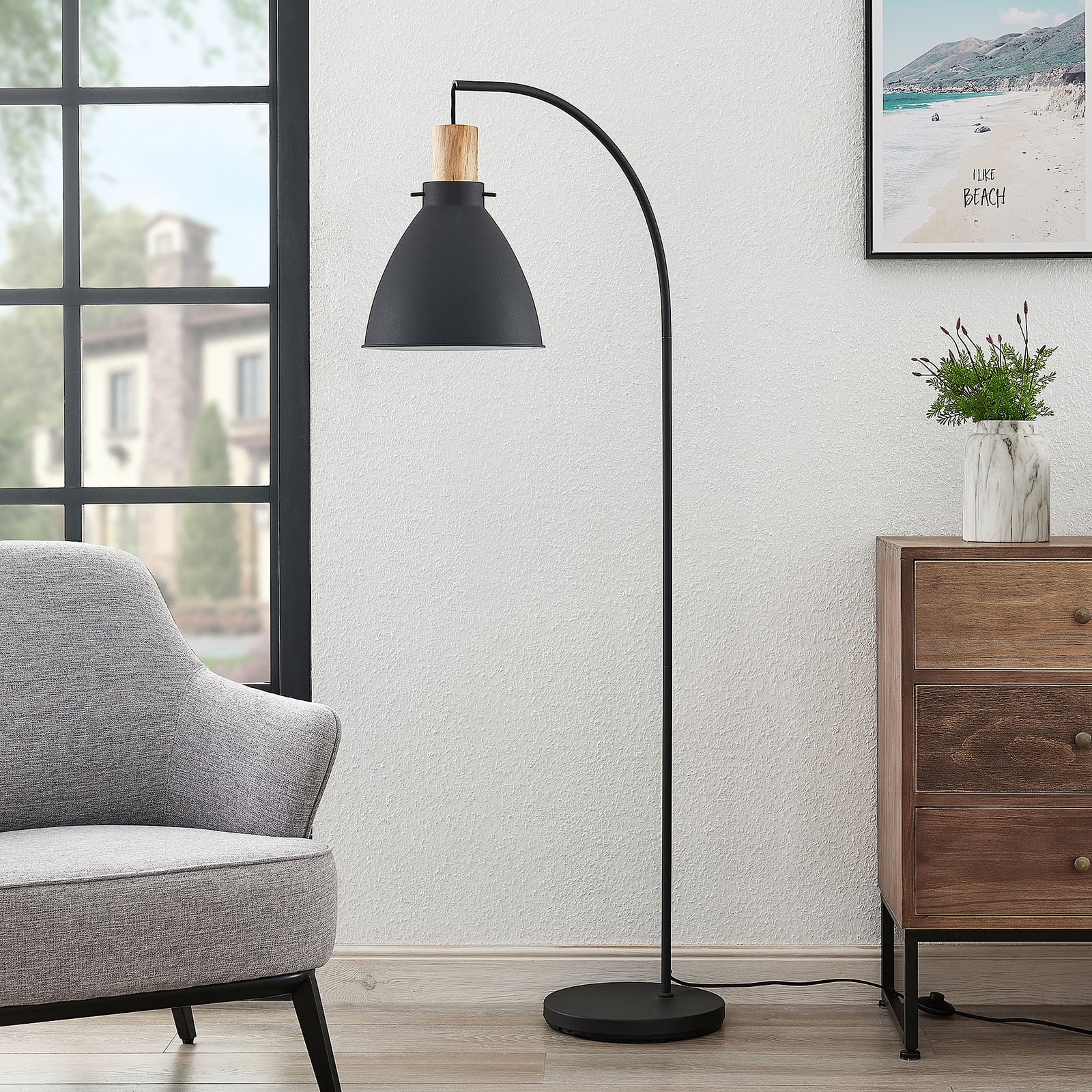 Lindby Stehleuchte Trebale LED Leselampe E27 Leuchte Lampe Holz schwarz 154cm - 4251096584028