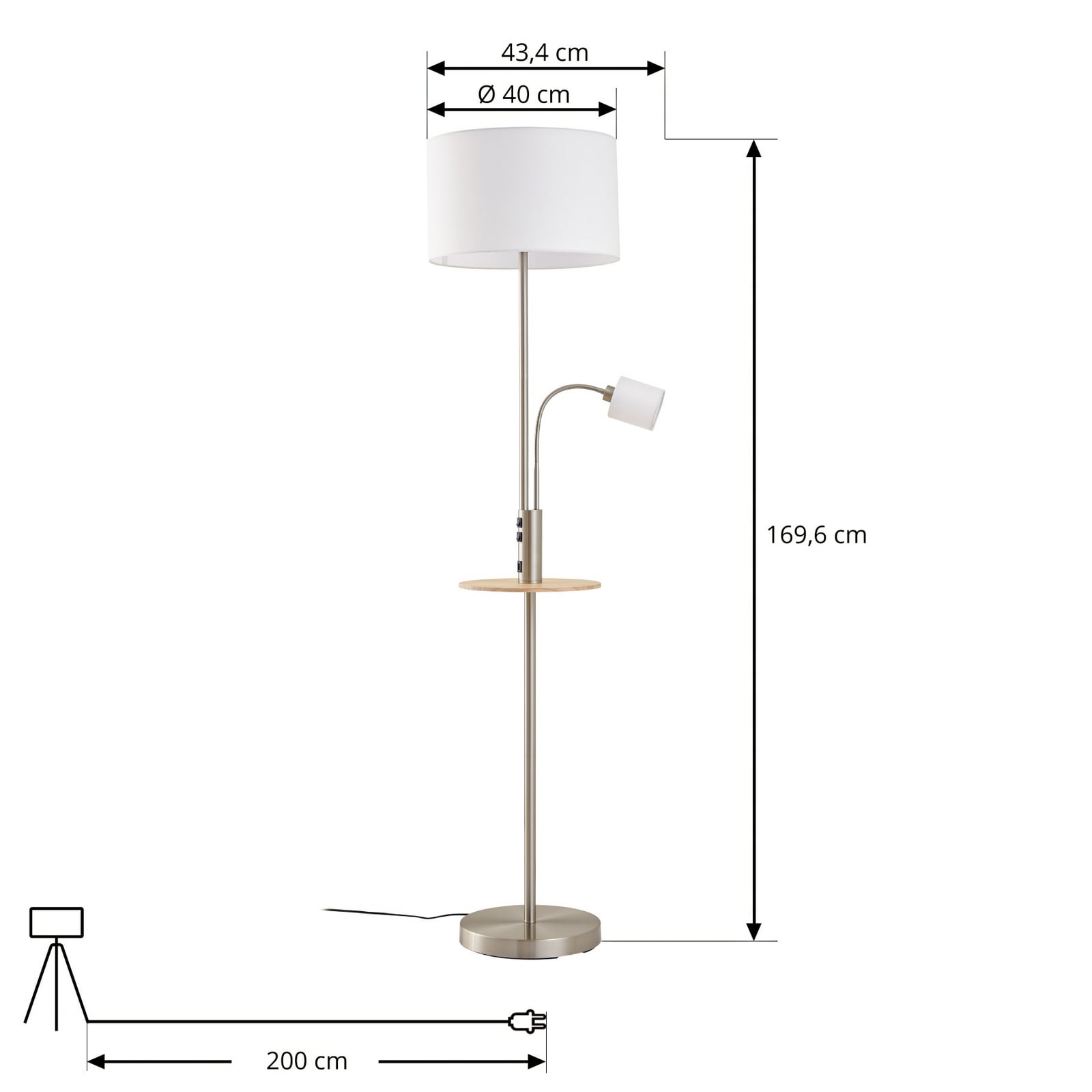 Lindby Stehlampe Aovan USB-Ladestation Ablagefläche E27 E14 nickelfarben Lampe - 4251911702613