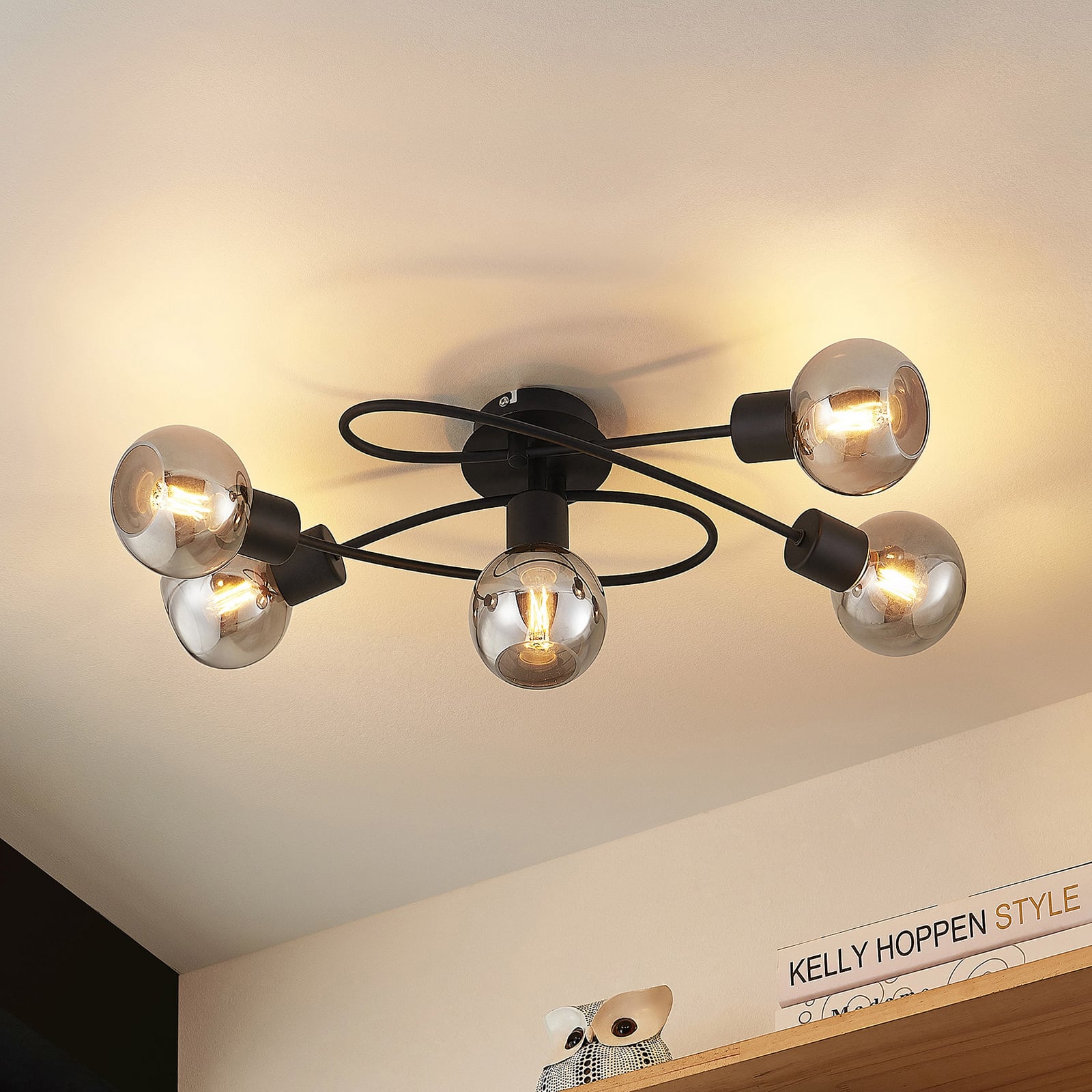Lindby Deckenlampe Elaina 5-flammig LED Lampe Leuchte dimmbar schwarz rauch Ø66 - 4251911710618
