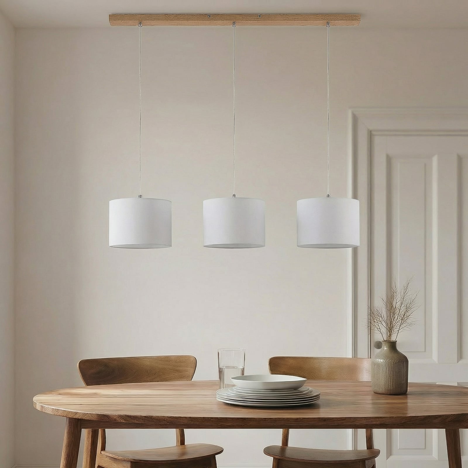 Lindby Hängeleuchte Imarin LED Pendelleuchte dimmbar E27 Textil Holz weiß 100cm - 4251911728996