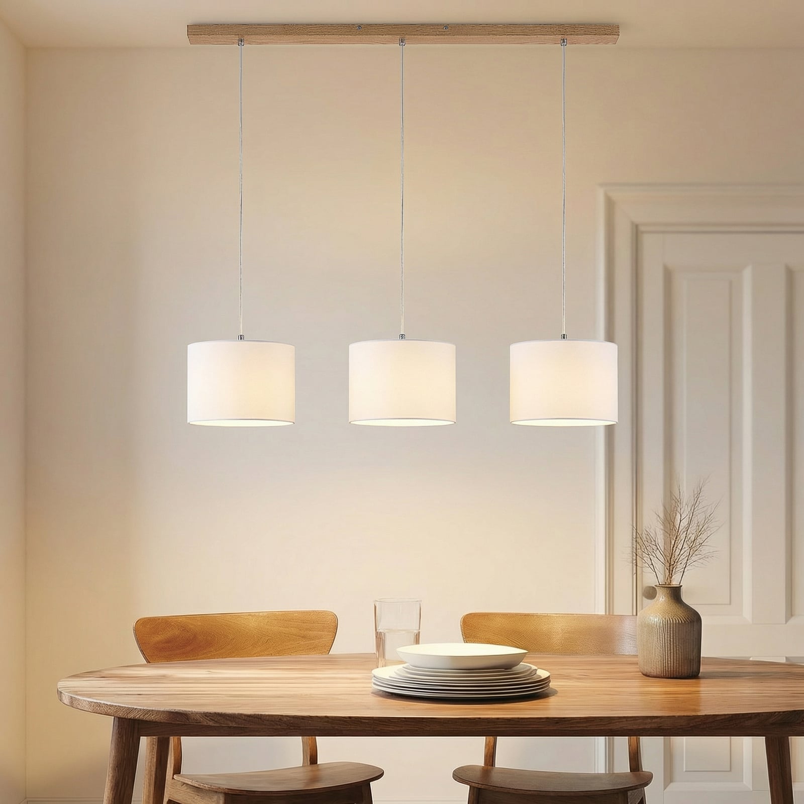 Lindby Hängeleuchte Imarin LED Pendelleuchte dimmbar E27 Textil Holz weiß 100cm - 4251911728996