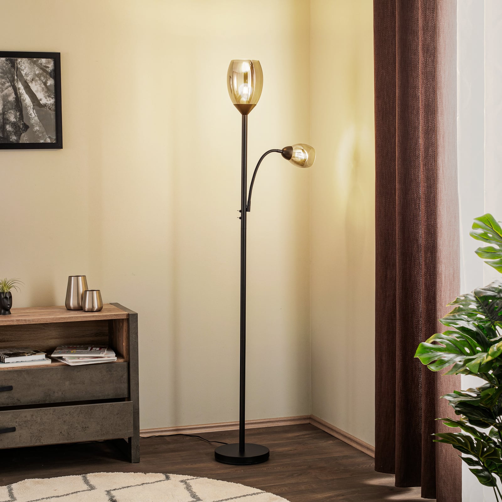 Lindby Stehleuchte Irmino LED Lampe mit Rauchglasschirmen schwarz matt 180cm - 4251911751055