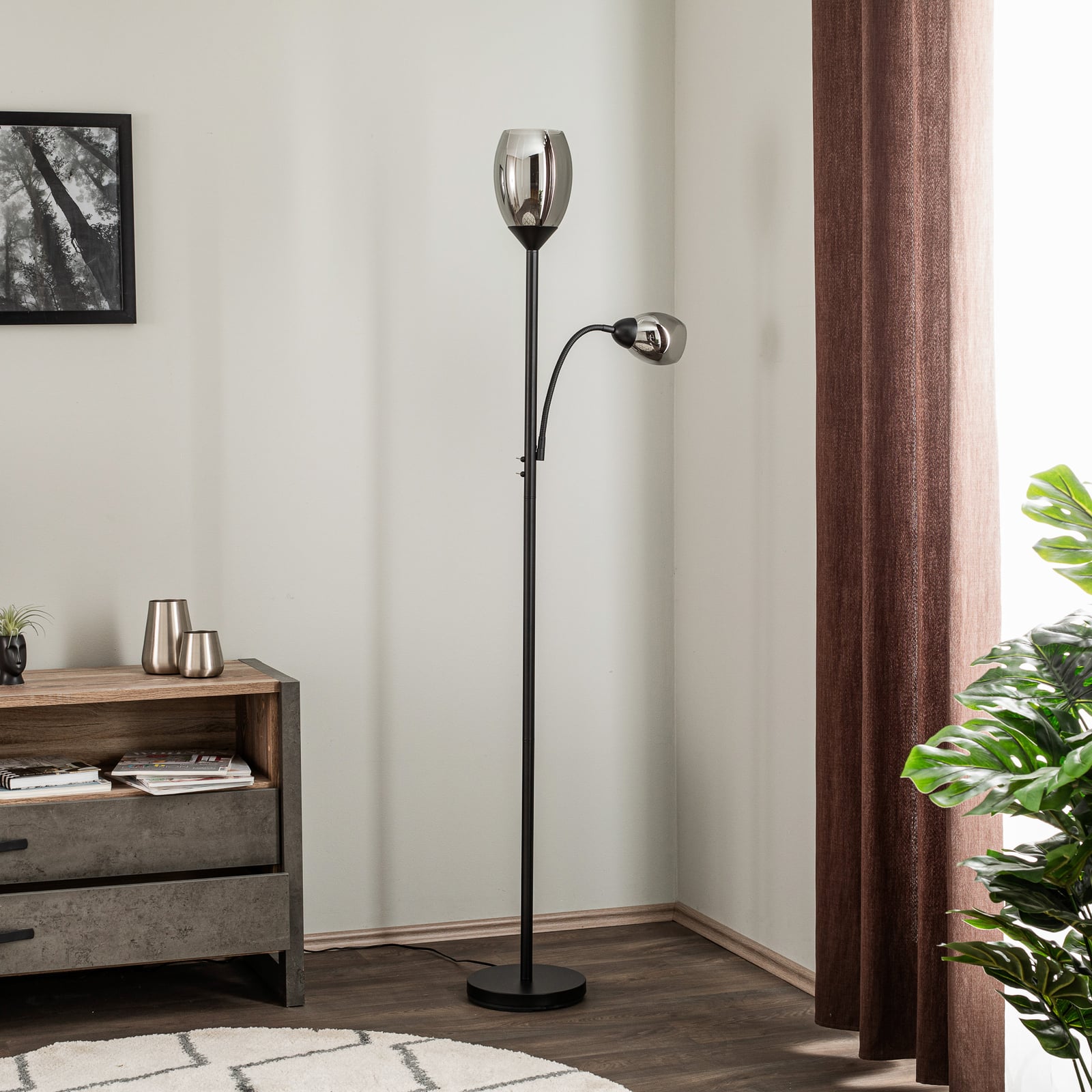 Lindby Stehleuchte Irmino LED Lampe mit Rauchglasschirmen schwarz matt 180cm - 4251911751055