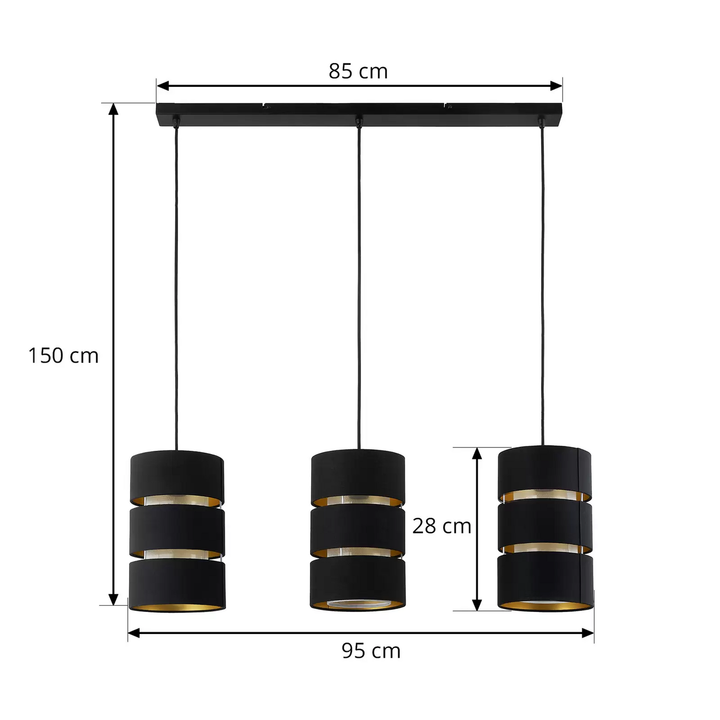 Lindby Hängeleuchte Tsomo, 950 cm 3-flammig schwarz Stoff Hängelampe Lampe Spot