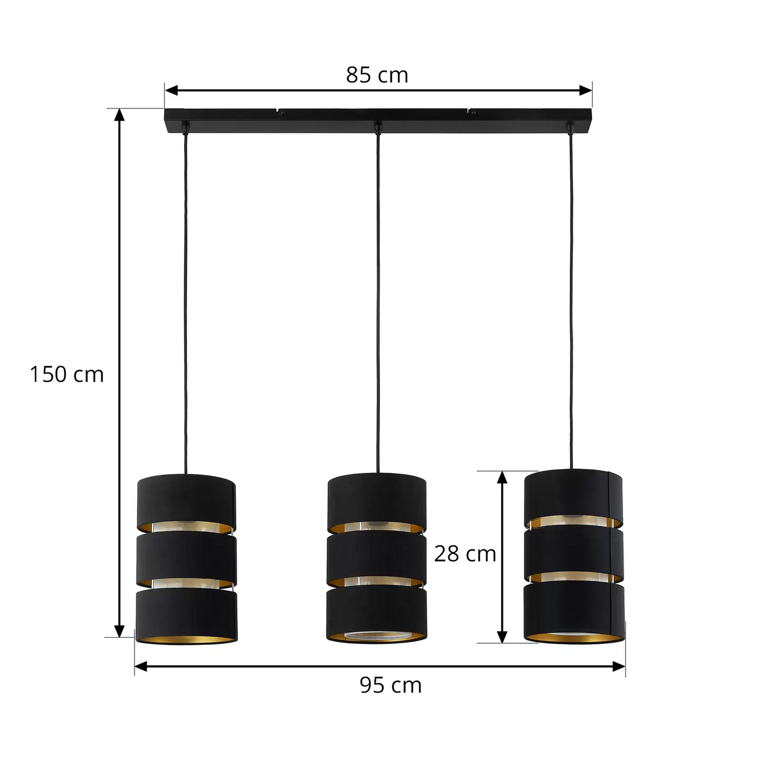 Lindby Hängeleuchte Tsomo, 950 Cm 3 Flammig Schwarz Stoff Hängelampe Lampe Spot B-Ware - 4251911765458