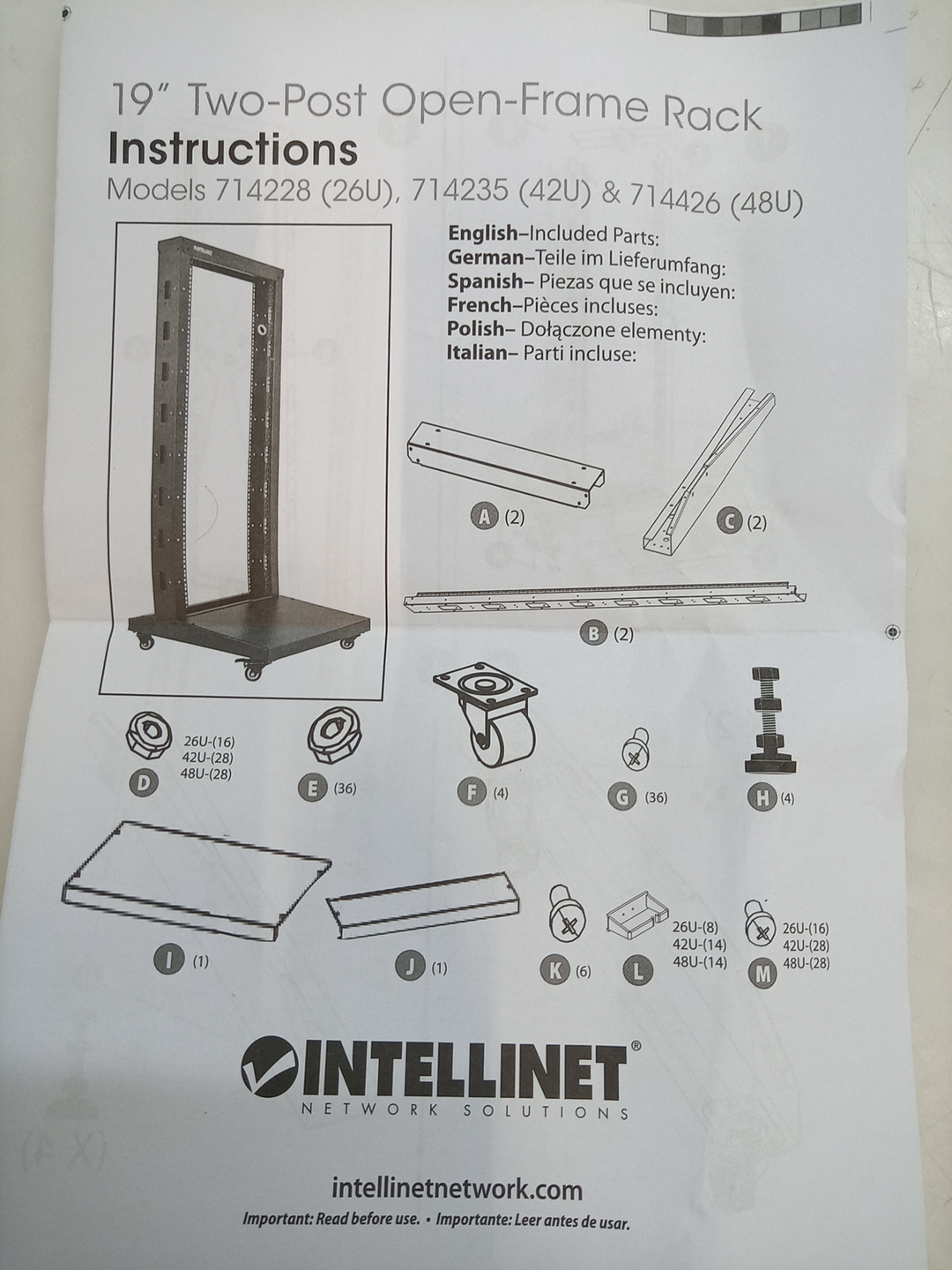 Intellinet 714228 19 Zoll Verteilerrahmen 600x1295x603 mm 26 HE DEFEKTWARE