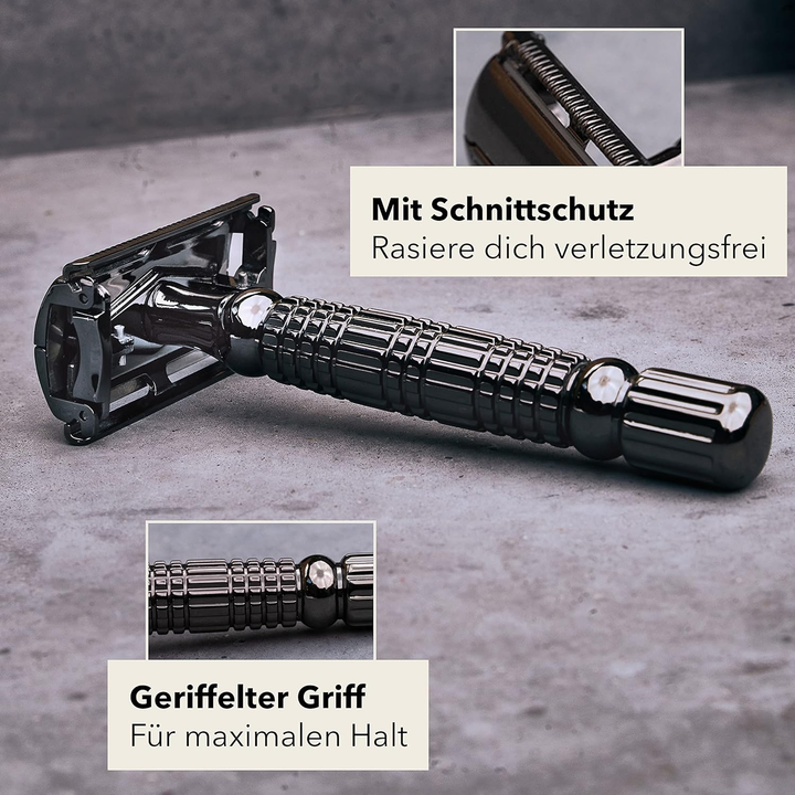 Störtebekker Rasierhobel Rasierer Nassrasier 10 Klingen Etui mit Spiegel schwarz