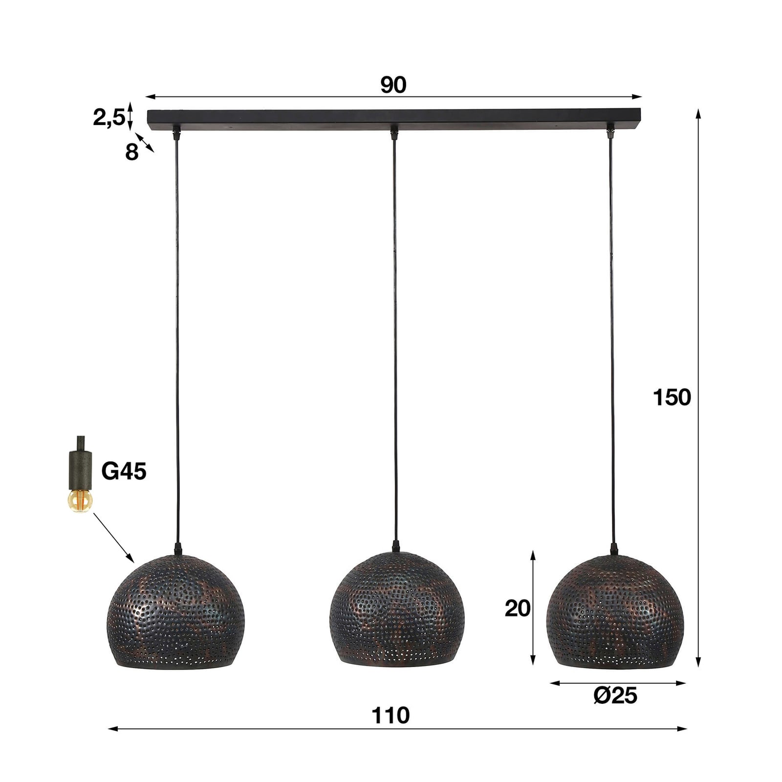 Hängeleuchte Punchray 3-flammig dimmbar Pendelleuchte Lampe schwarz braun - 8713244080982