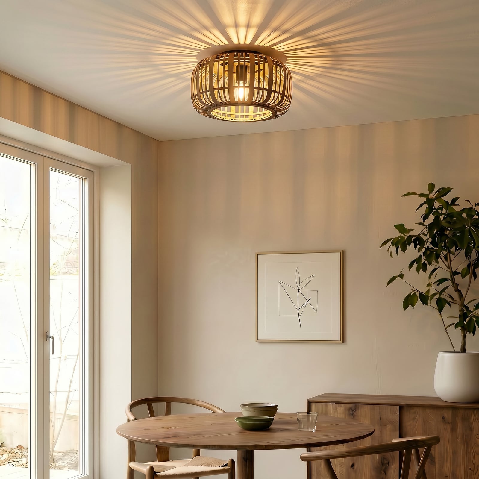 Lindby Deckenleuchte Canyana LED Hängeleuchte Lampe Rattan natur schwarz Ø40cm - 4251096596595
