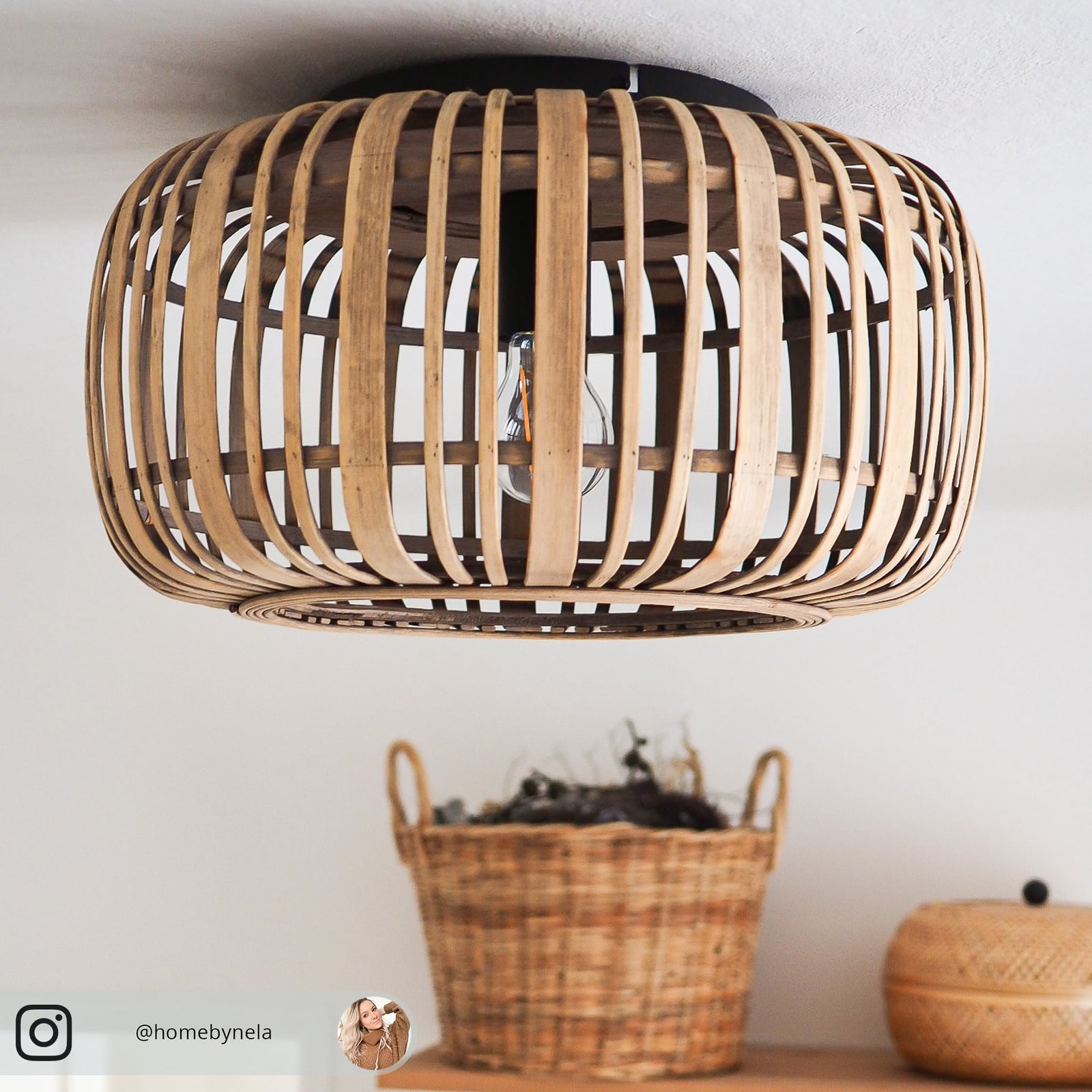Lindby Deckenleuchte Canyana LED Hängeleuchte Lampe Rattan natur schwarz Ø40cm - 4251096596595