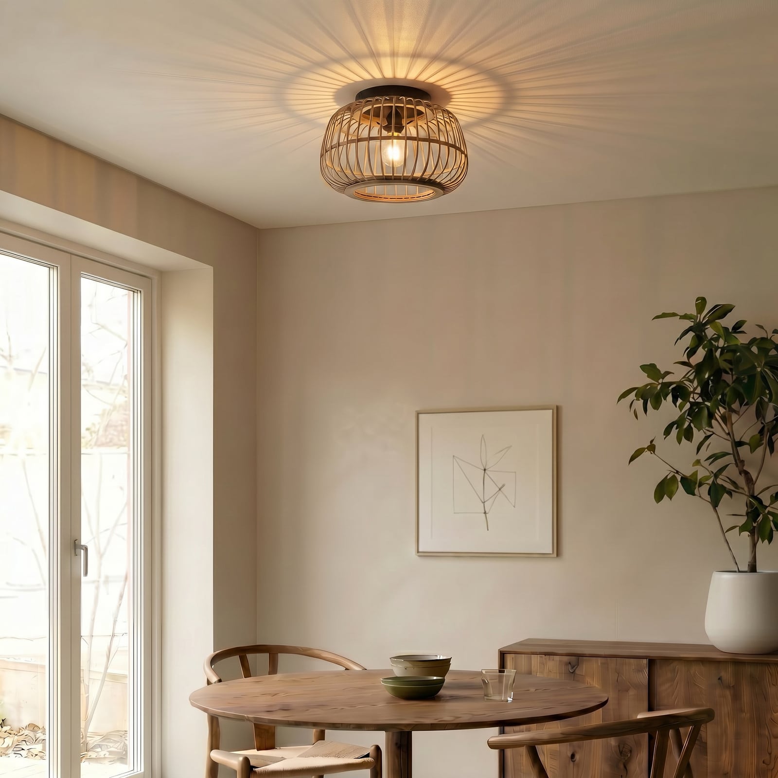 Lindby Deckenleuchte Bominio LED Lampe Rattan dimmbar schwarz matt Ø40cm - 4251911731354