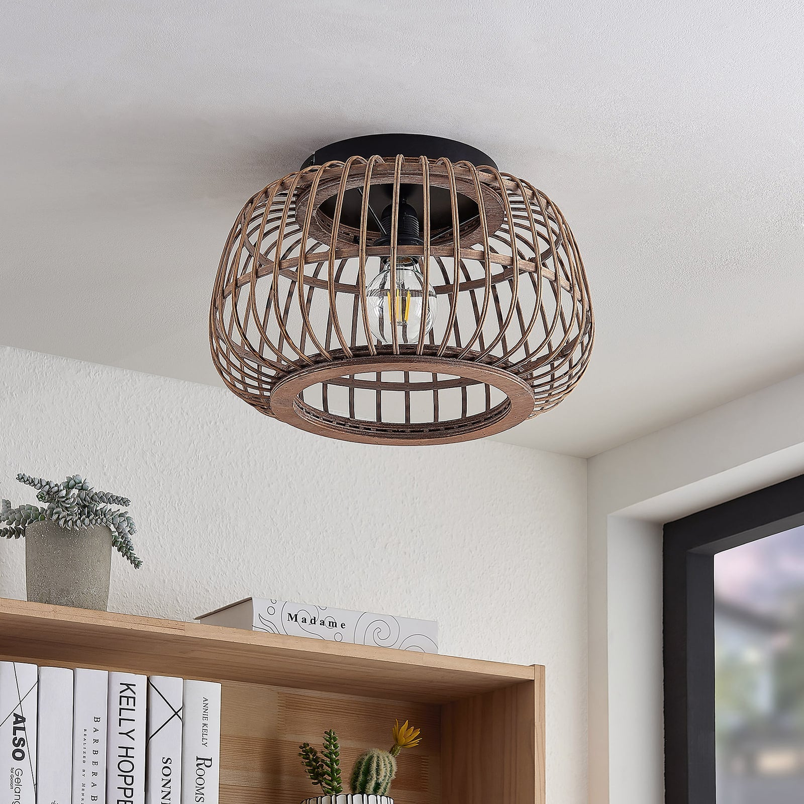 Lindby Deckenleuchte Bominio LED Lampe Rattan dimmbar schwarz matt Ø40cm - 4251911731354