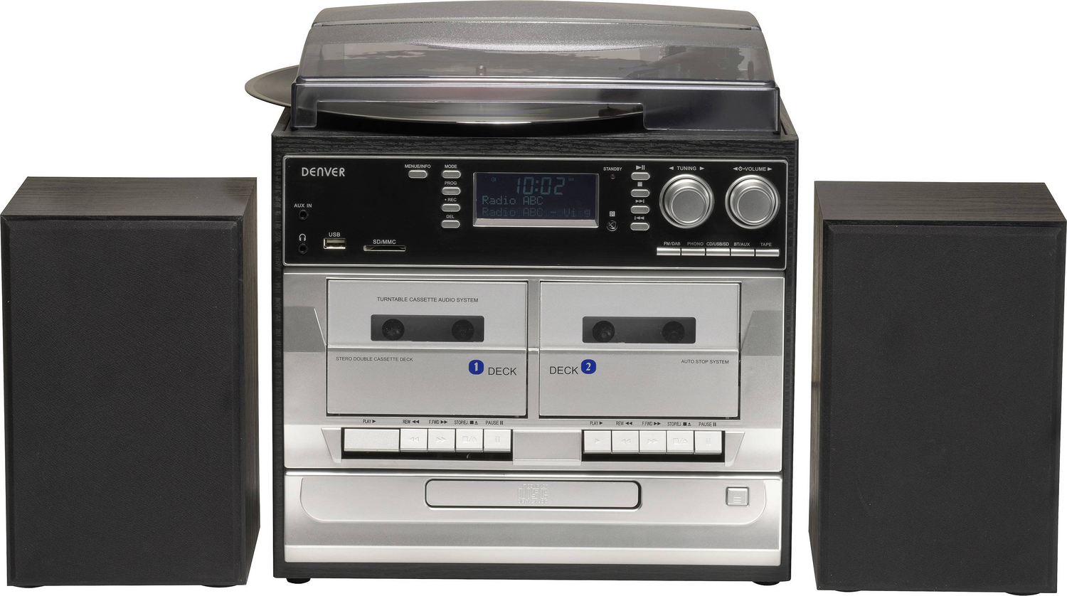 Système stéréo Denver Milliarden 166 DAB+, platine vinyle, carte SD, radio FM, fonction d'enregistrement USB (produit d'occasion).