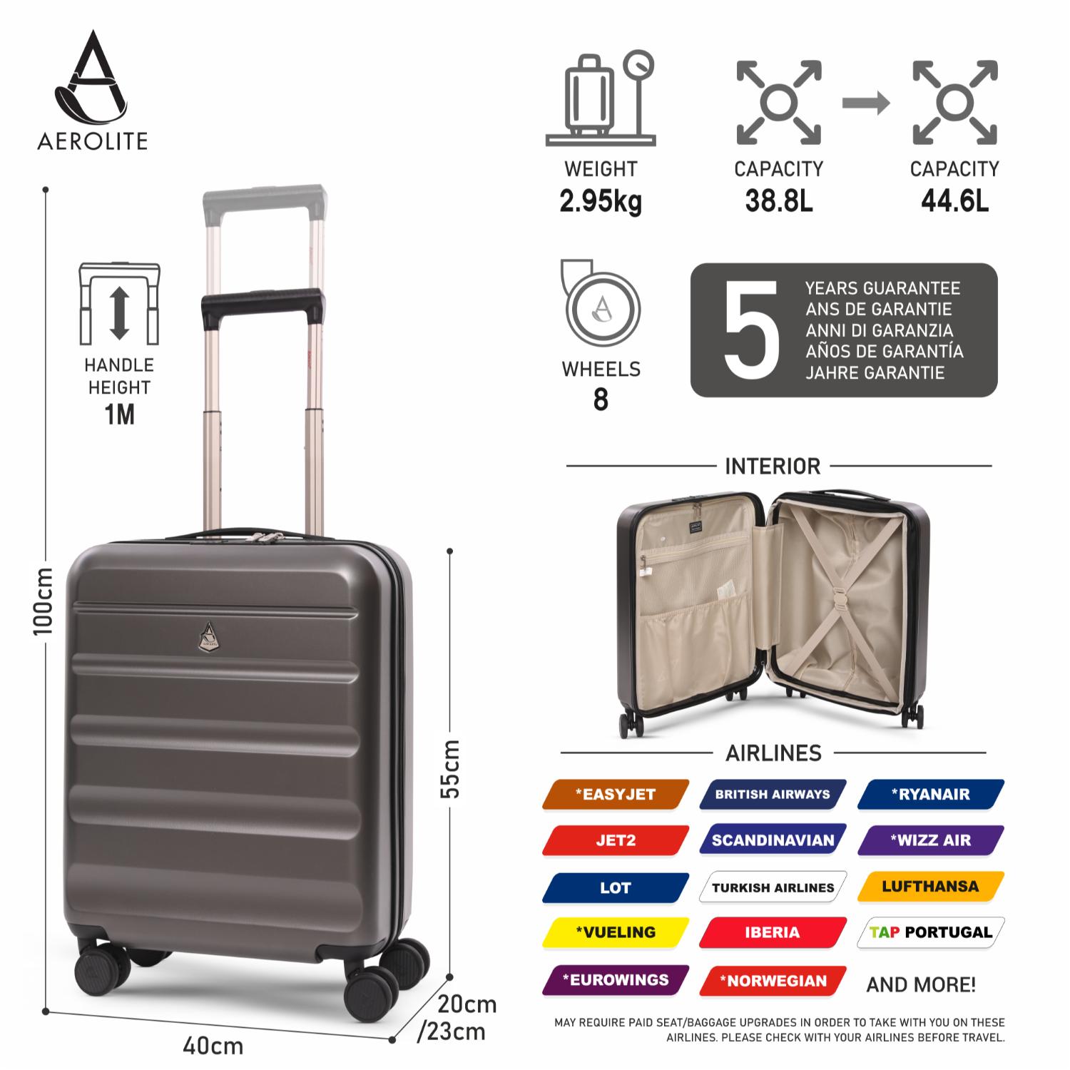 Aerolite Expandable Kabinentrolley 55x40x20cm 4 Rollen Hartschale Charcoal - 5038230172230