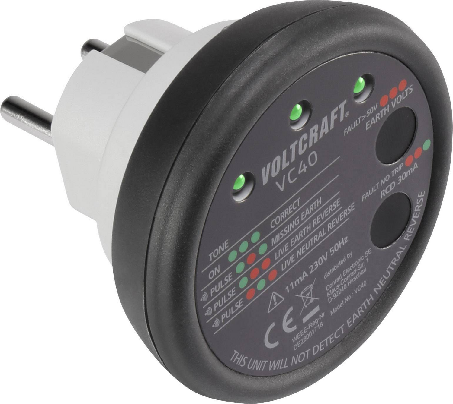 Testeur de prises Voltcraft VC40, vérification des prises, test RCD/GFCI, produit de seconde main 