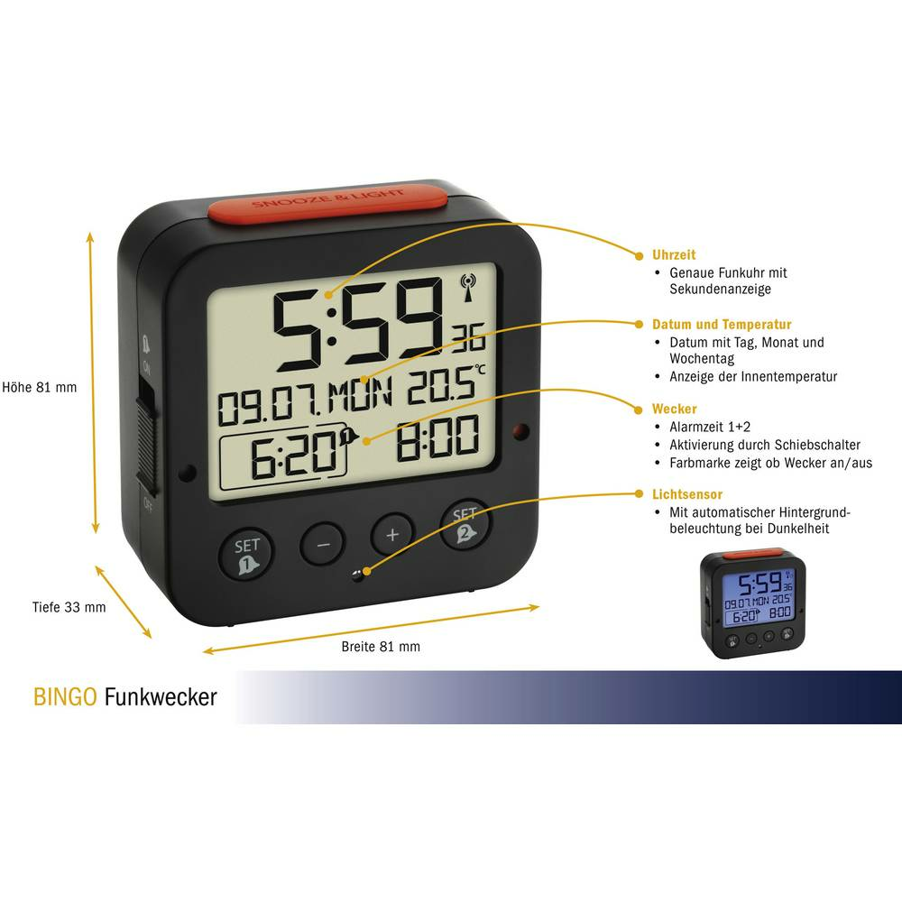 B-Ware Tfa Dostmann 60.2528.01 Digitaler Funk Wecker Funkwecker 2 Alarmzeiten Schwarz