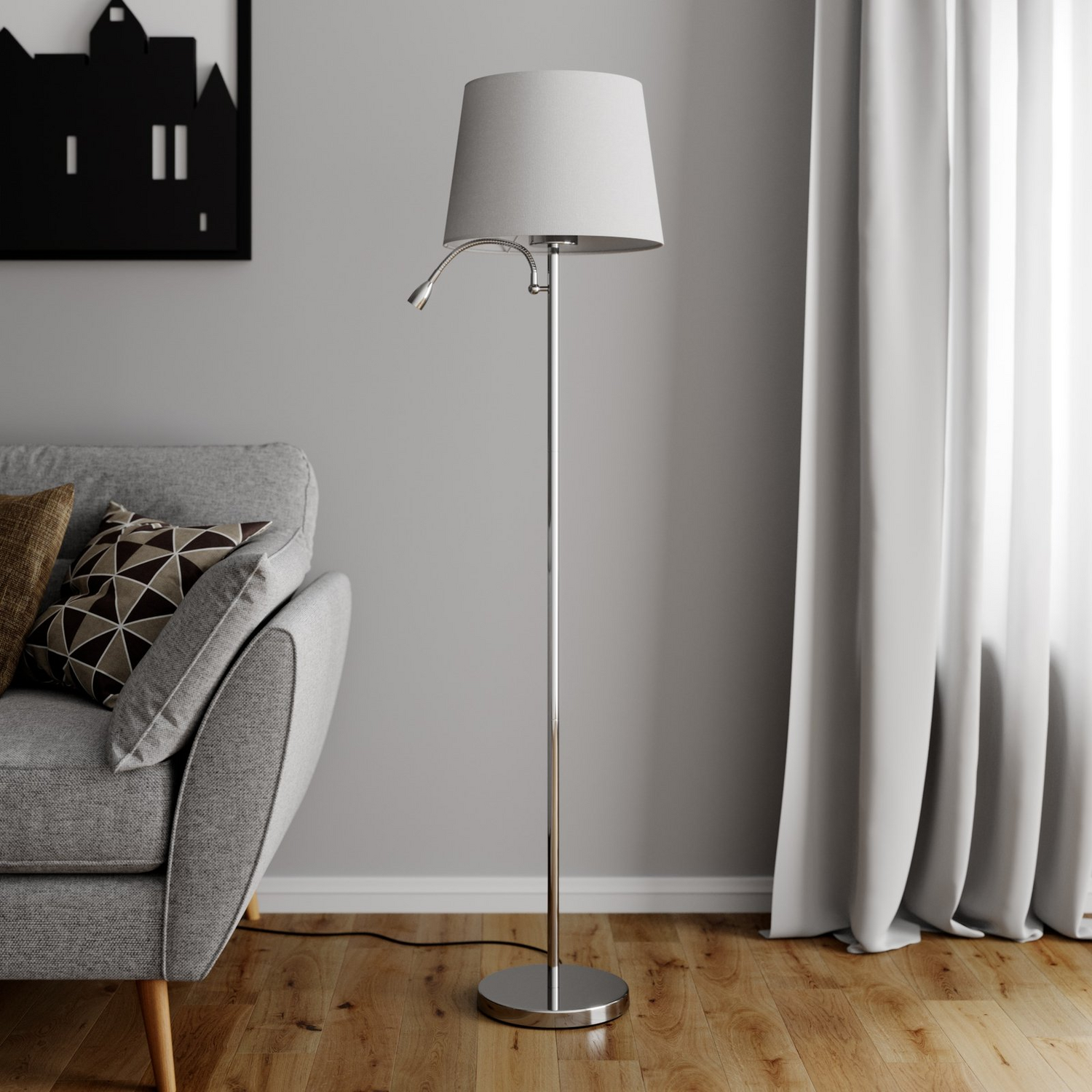 Lampadaire en tissu Lindby Benjiro, lampe de lecture LED, lampe de salon, lampadaire sur pied, E27