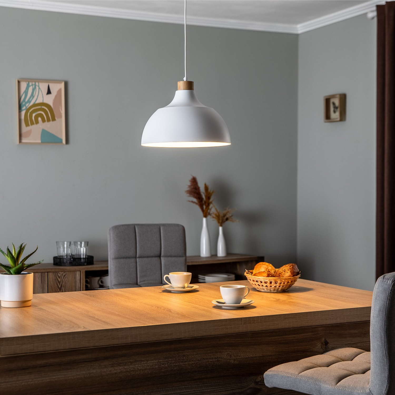 B-Ware Envostar Hängeleuchte Kaitt Holzdetail ø 34 Cm Weiß Hängelampe Lampe Leuchte405