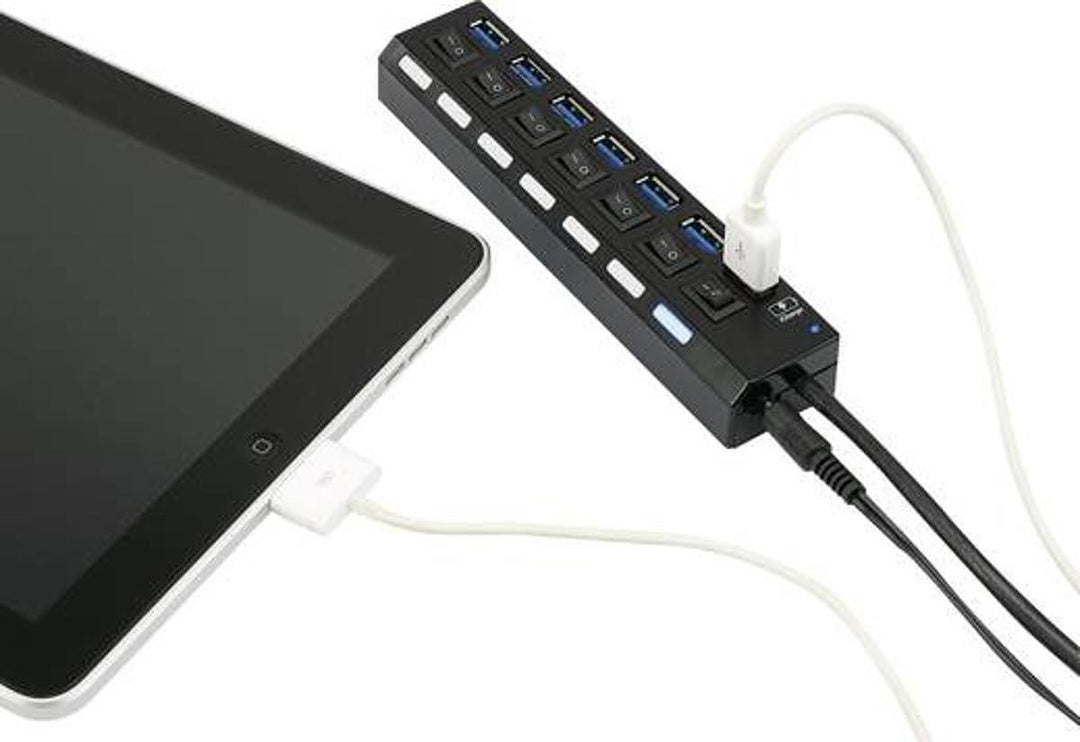 Renkforce 7 Port USB 3.0-Hub einzeln schaltbar Status-LEDs iPad-Ladeport Schwarz
