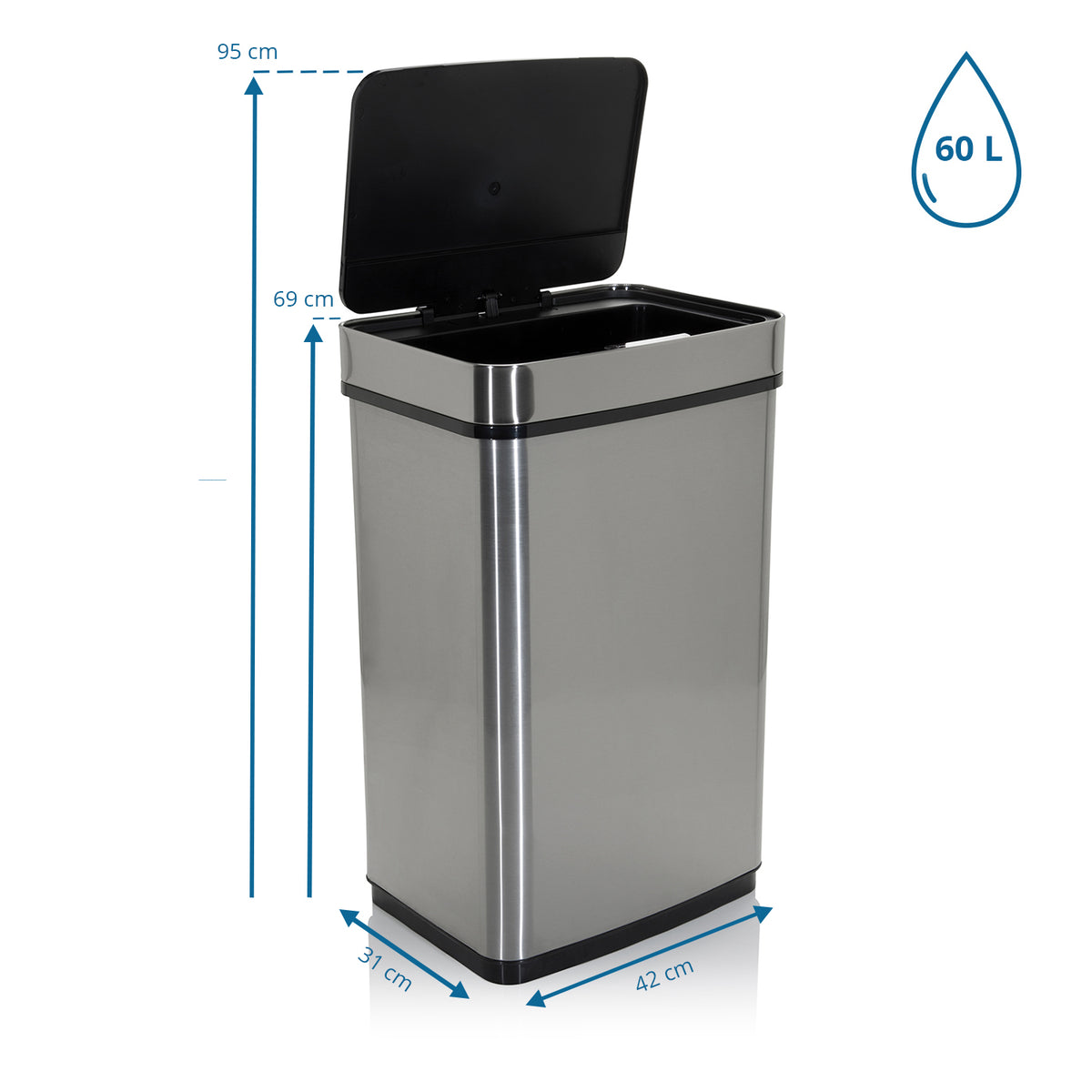 hjh OFFICE Abfallsammler Mülleimer CLEAN IV Abfalleimer Sensor 60L Stahl silber - 4064323013235