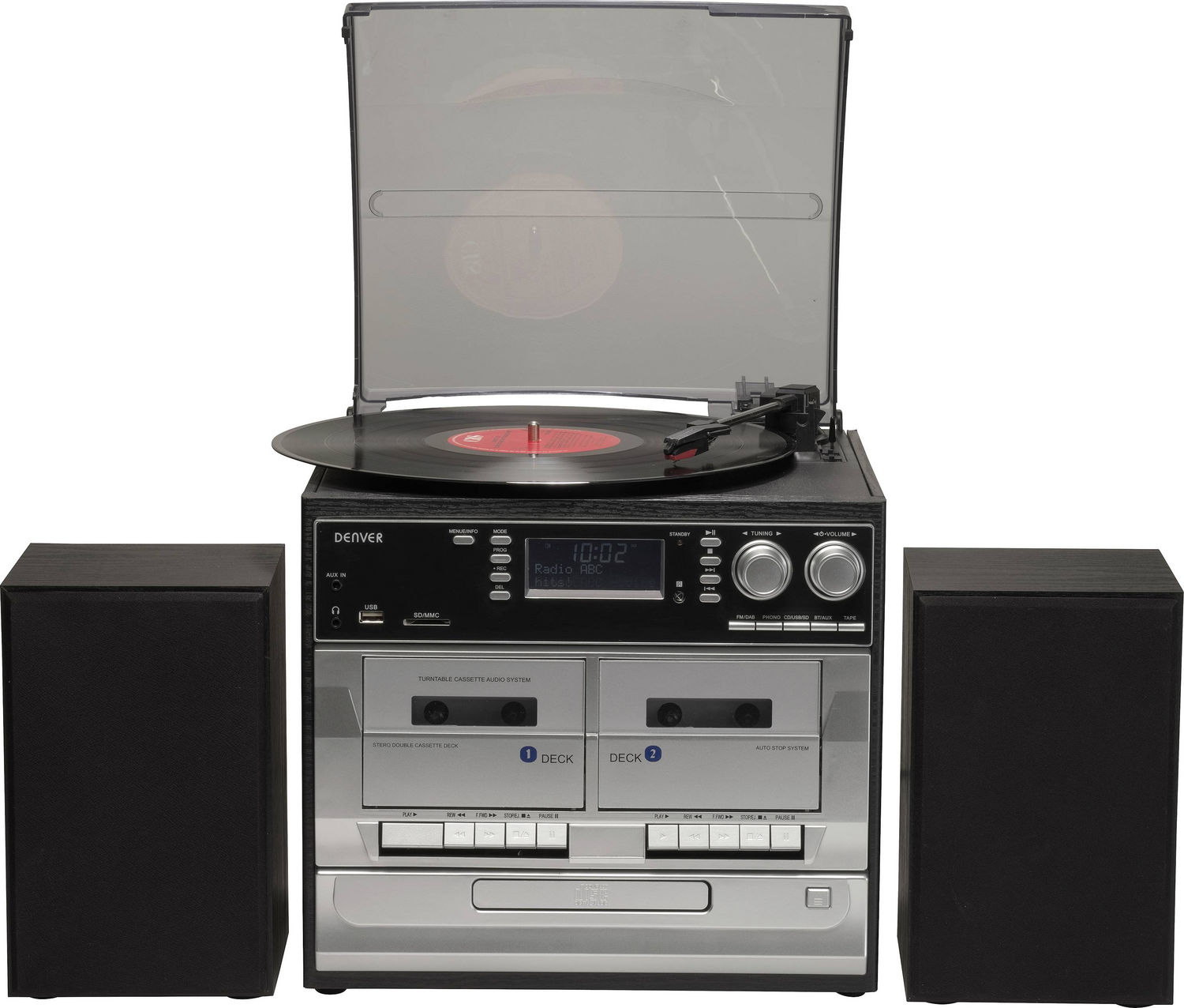Système stéréo Denver Milliarden 166 DAB+, platine vinyle, carte SD, radio FM, fonction d'enregistrement USB (produit d'occasion).