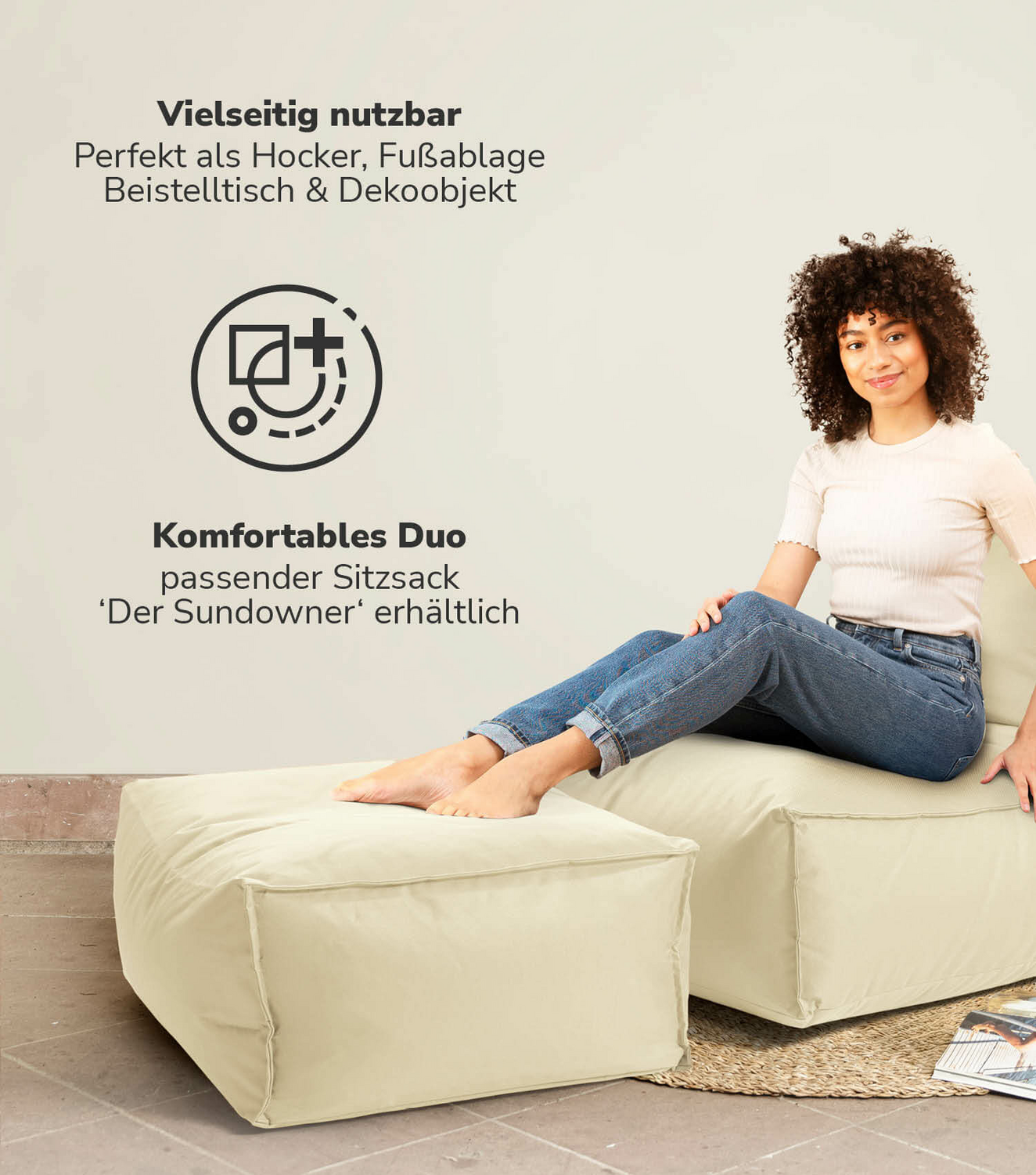 B-Ware Mokebo Outdoor Pouf Hocker 'Der Ruhepouf' Sitzhocker Sitzsack 60x45cm Beige