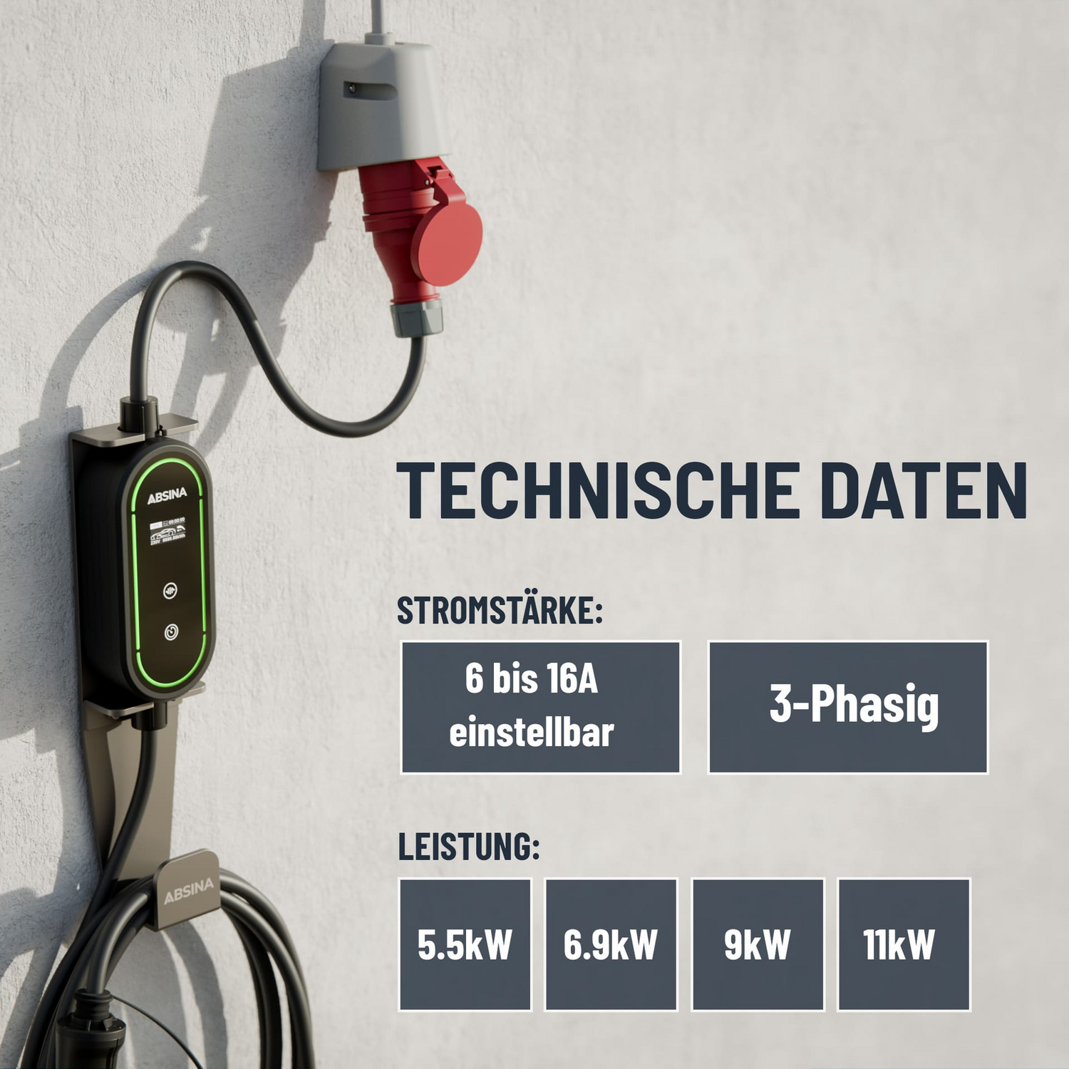 Absina Mobile Wallbox Ladestation Ev Charger 11 K W Cee 16 A Mode 2 Typ 2 Stecker B-Ware - 4260368689965