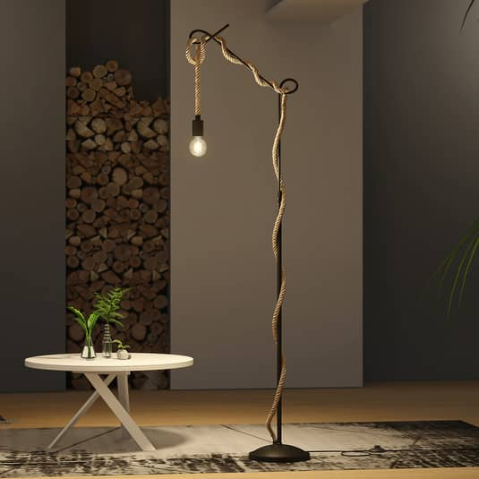 Lampadaire Lucande Ropina, corde de chanvre, E27, noir/marron