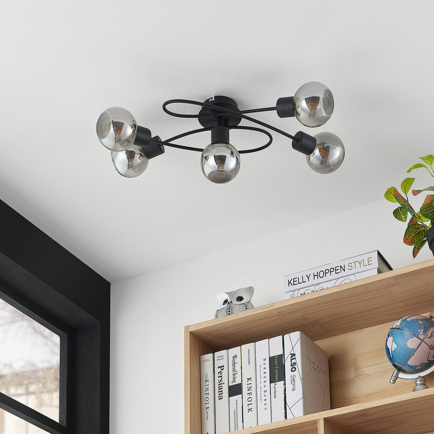Suspension Lindby Elaina de qualité B, ampoule E14, 5 lumières, noir/fumé
