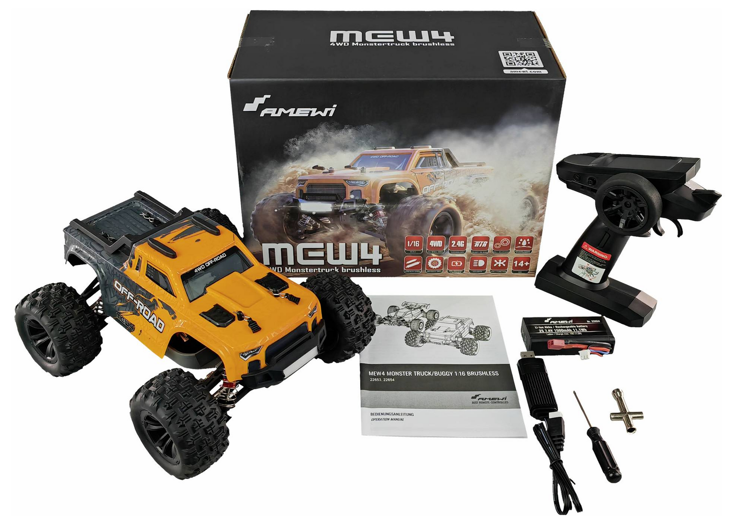 D-Ware Amewi Mew4 Orange Brushless 1:16 Rc Modellauto Elektro Monstertruck Defektware - 4262408971344