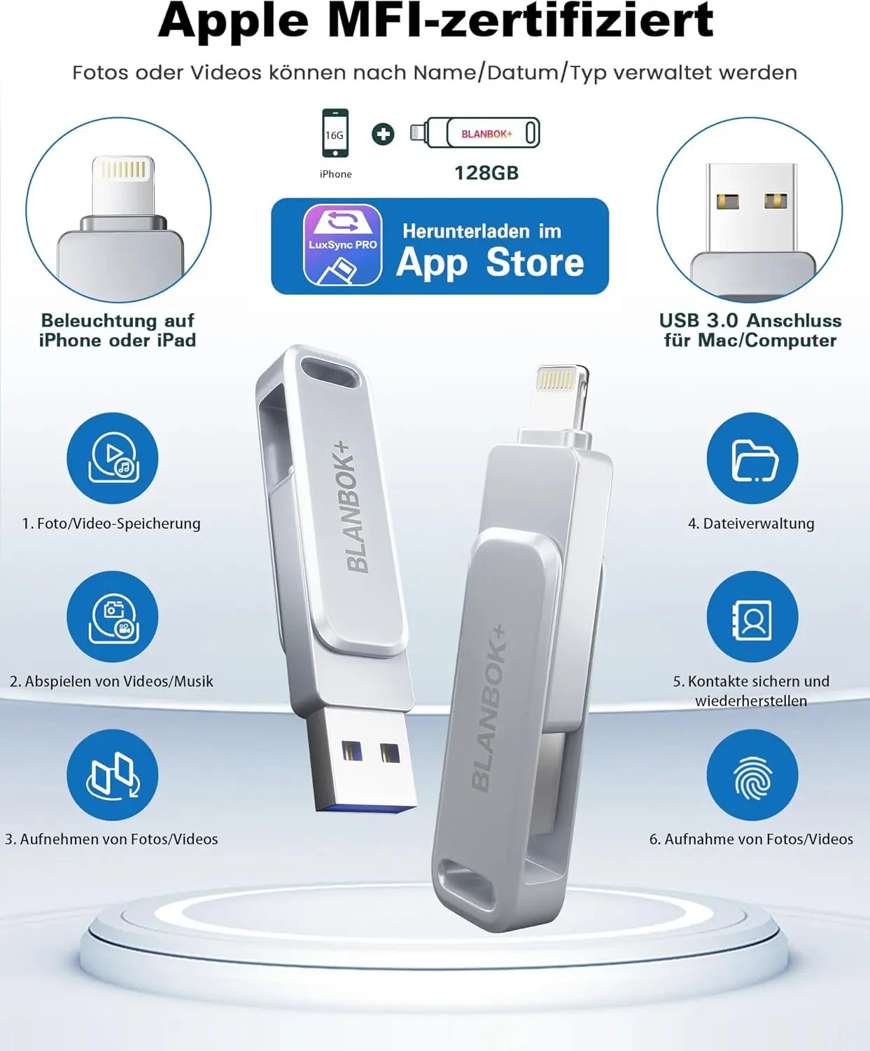 B-Ware Blanbok+ Usb Stick Speicherstick I Phone I Pad Android Silber 128 Gb 8 Stück - 799793771210