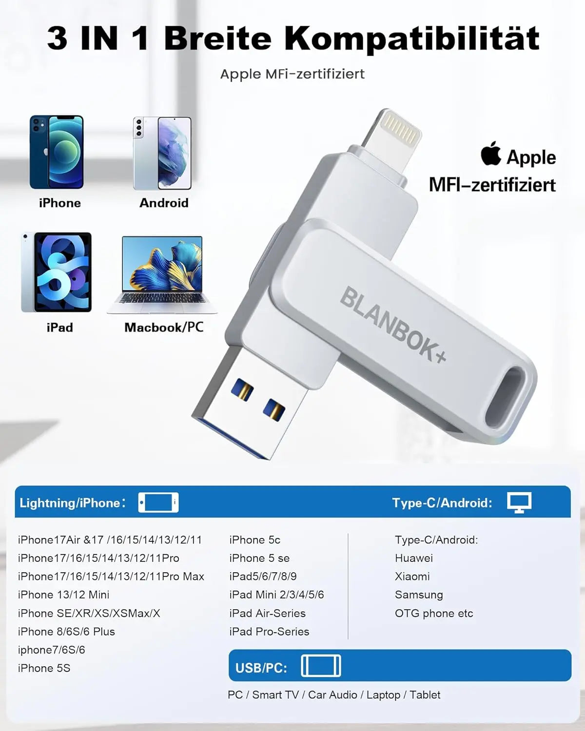 B-Ware Blanbok+ Usb Stick Speicherstick I Phone I Pad Android Silber 128 Gb 10 Stück - 799793771210