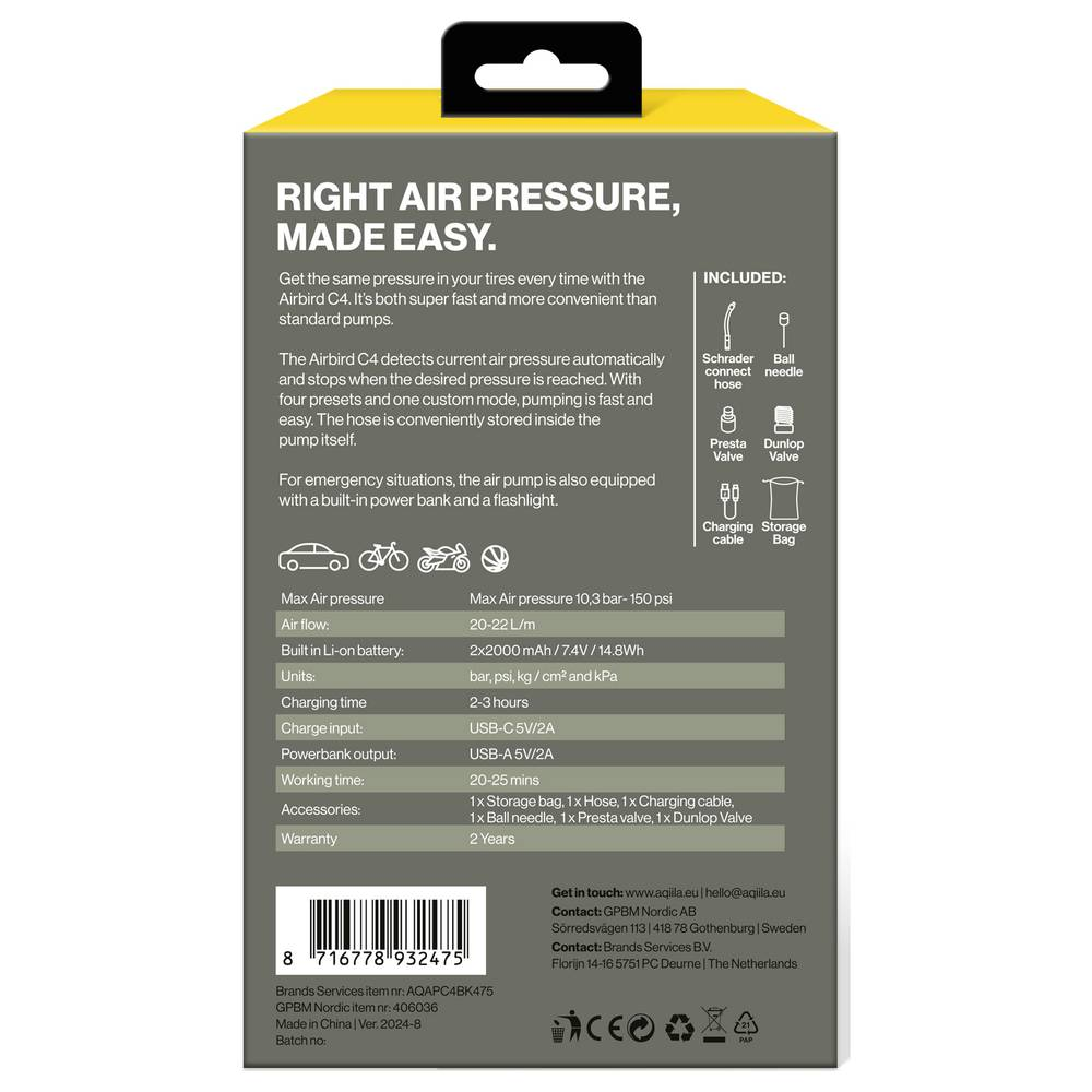 Aqiila Airbird C4 Tragbarer Kompressor Luftpumpe Reifenfüllgerät Luft Kompressor B-Ware - 8716778932475
