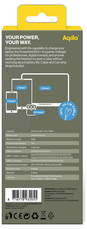 B-Ware Aqiila Powerbird B20+ Powerbank Ladegerät Schwarz 20000m Ah Usb C 65 W Akku28 - 8716778931966
