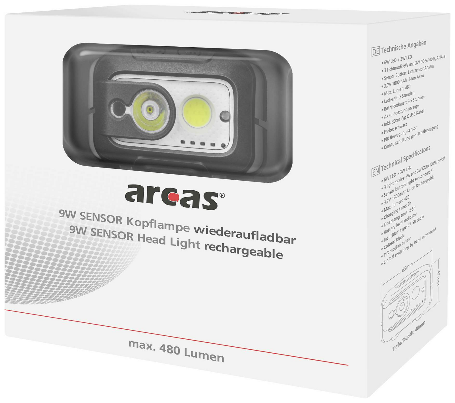 B-Ware Arcas 9 W Sensor Led Stirnlampe Kopflampe Lampe Leuchte Licht 480lm 3 Stück - 4260030255818