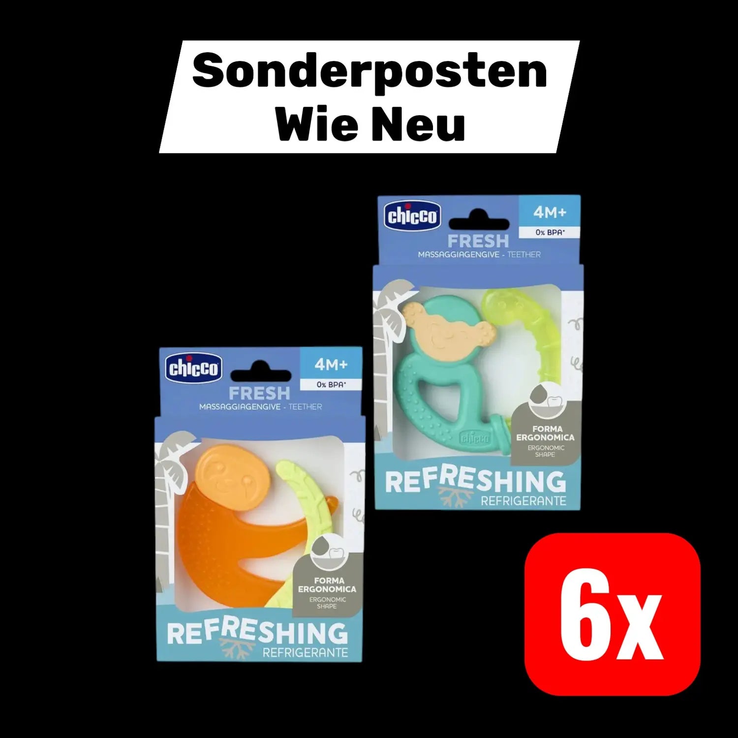 B-Ware Chicco Beißring Fresh Relax Affe Faultier 4 M+ Gefüllt Mit Sterilem 6 Sets - 8058664143443