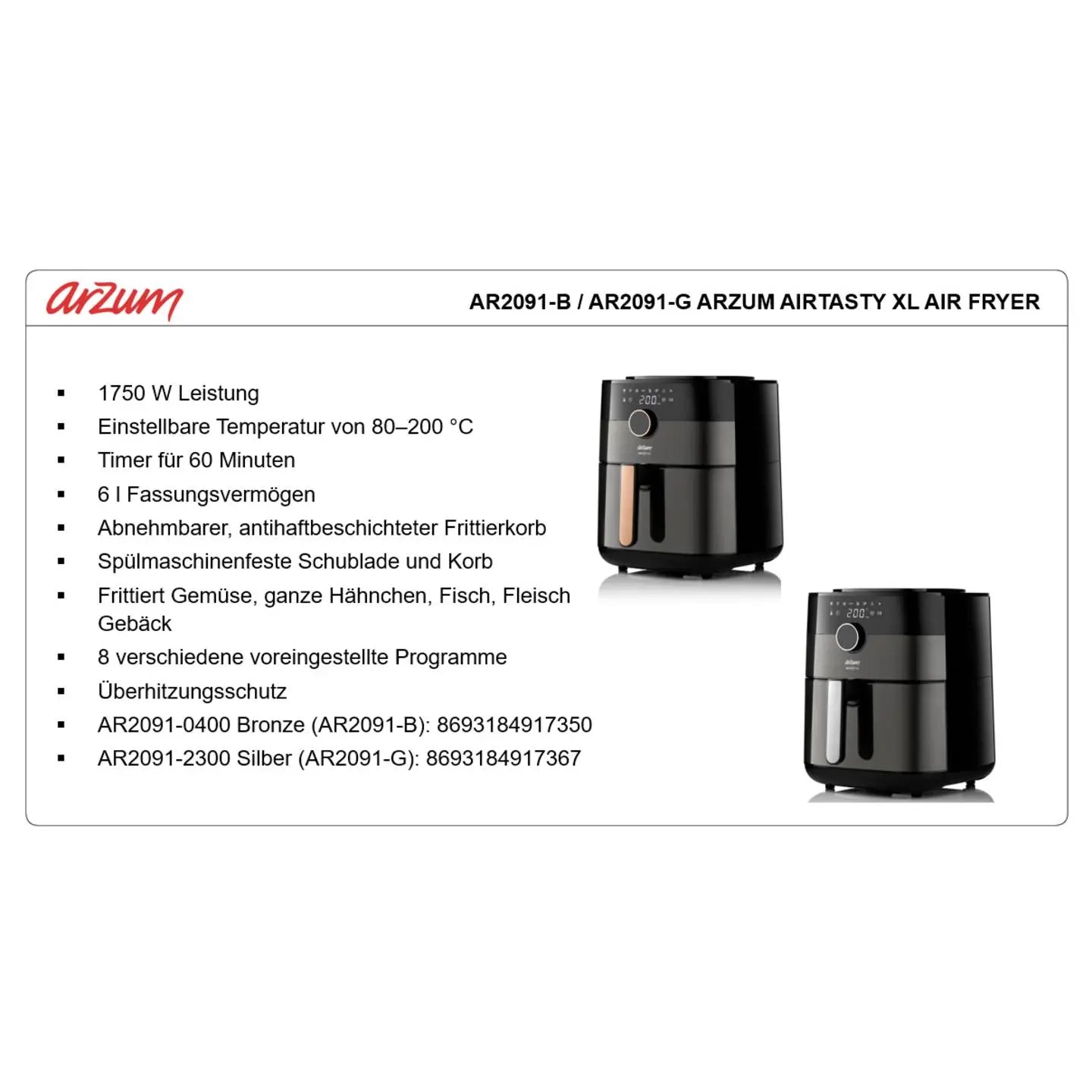 B-Ware Arzum Heißluftfritteuse Airfryer Fritteuse 6l 1750 W Display Timer Schwarz817 - 8693184917350