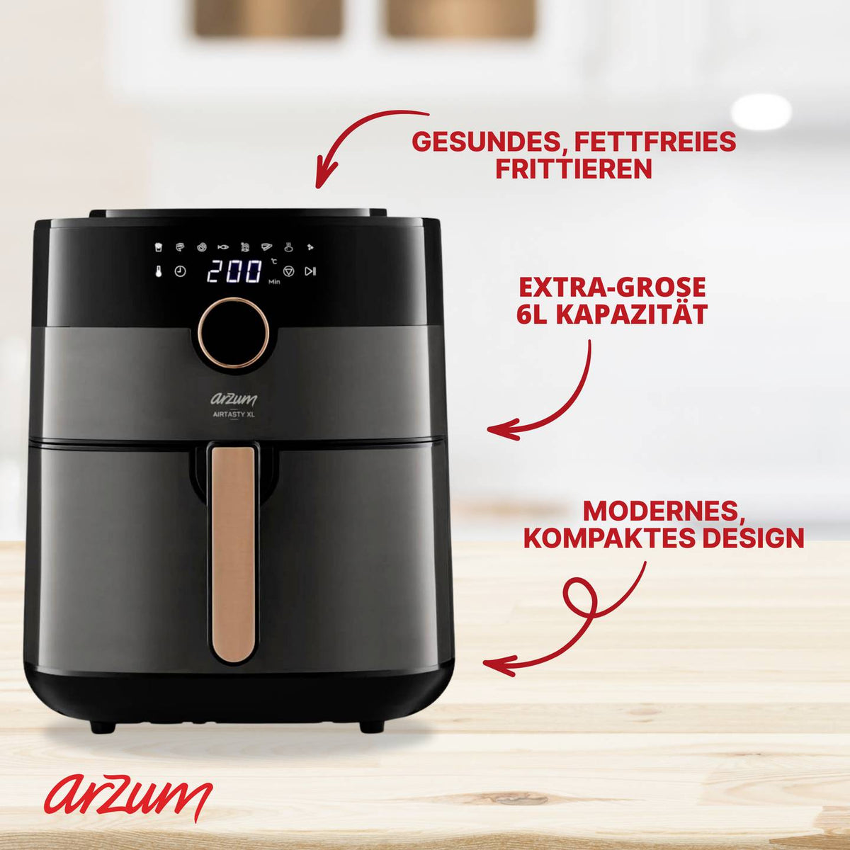 arzum Heißluftfritteuse Airfryer Fritteuse 6l 1750W Display Timer Schwarz - 8693184917350