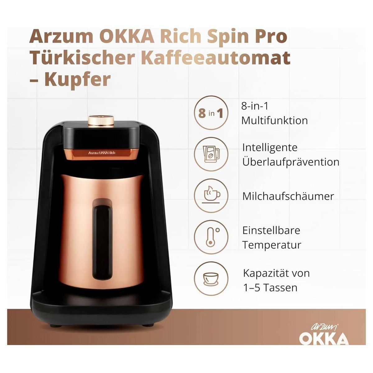 Arzum Kaffeemaschine Mokkakocher Espressokanne Milchaufschäumer Bronze 5 Tas183 - 8693184916643