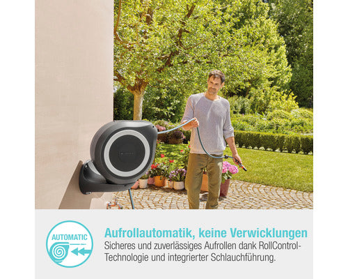 Gardena Wandschlauchbox RollUp M 20m Schlauch 180° schwenkbar RollControl grau - 4078500051989