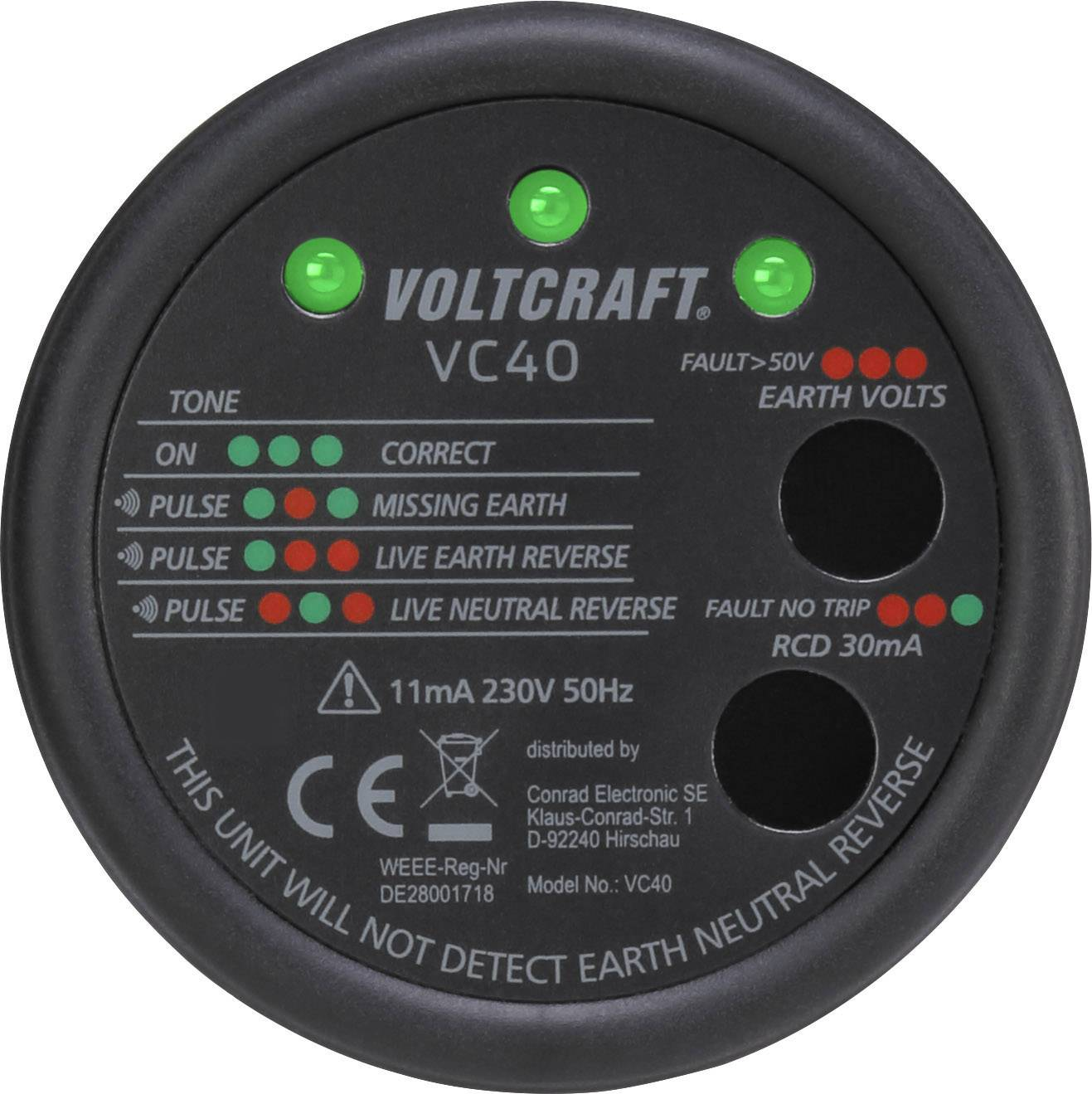 Testeur de prises Voltcraft VC40, vérification des prises, test RCD/GFCI, produit de seconde main 