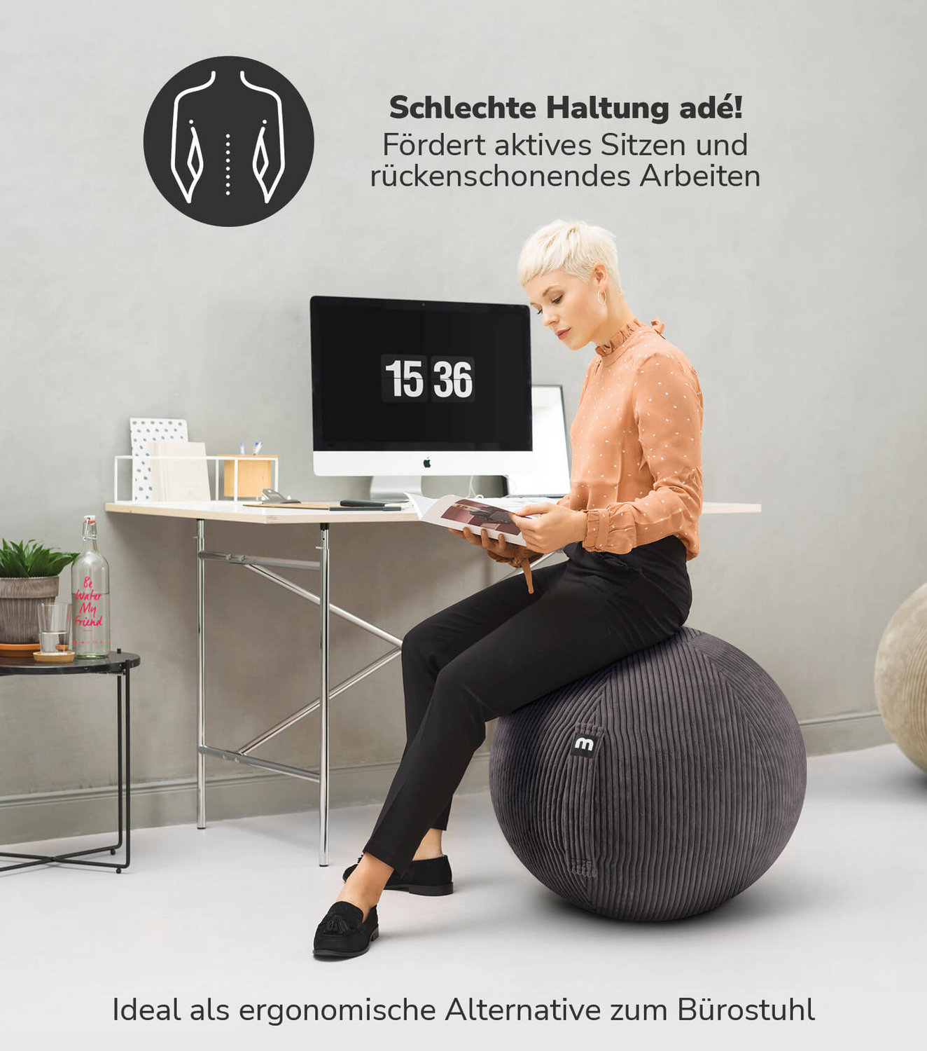 Ballon de gym ergonomique Mokebo en tissu pour bureau « The Sporty One », avec pompe ou produit de seconde main.