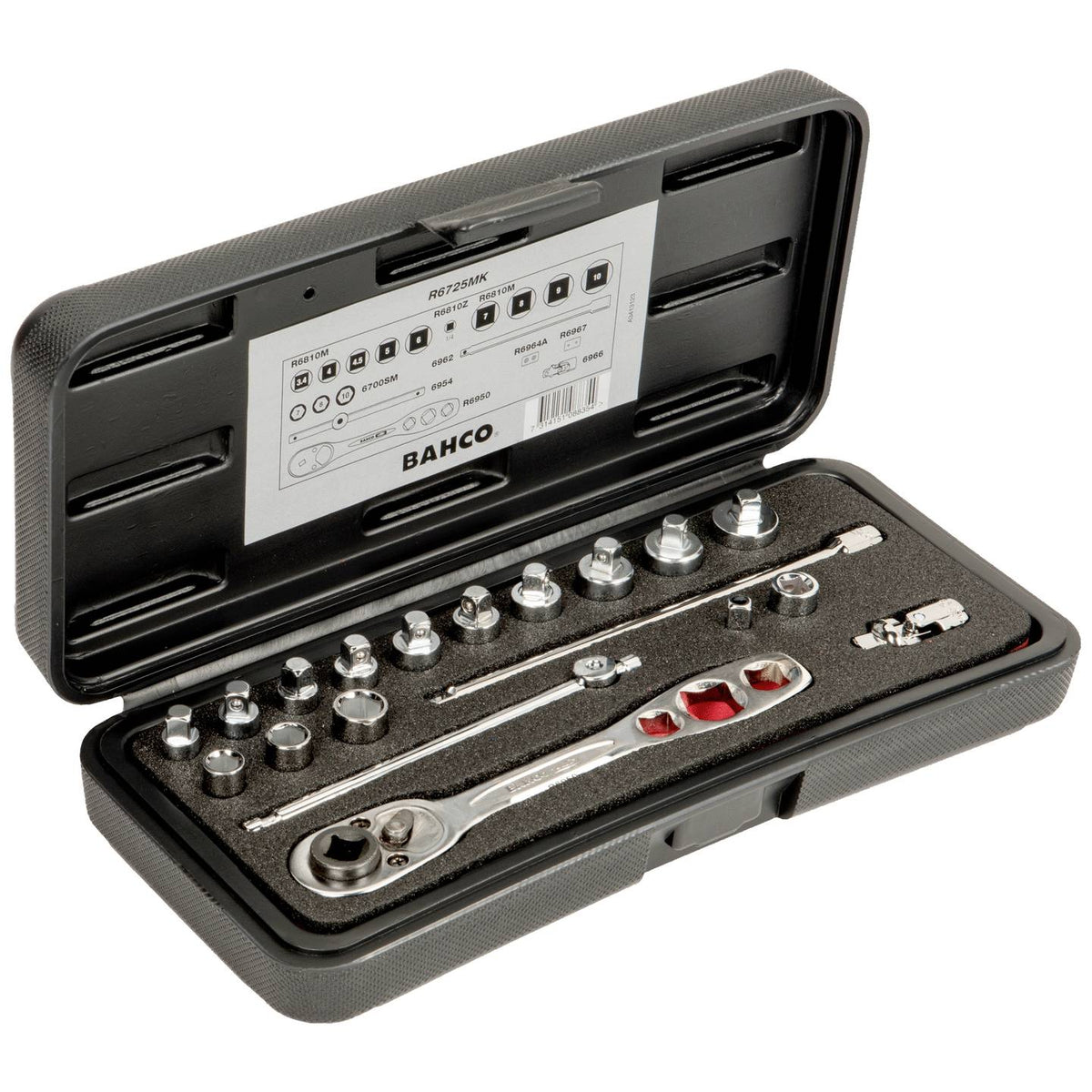 Bahco Steckschlüsseleinsatz Set Werkzeugkasten 1/4 Zoll 19tlg Stahl DIN3120 - 7314151088354
