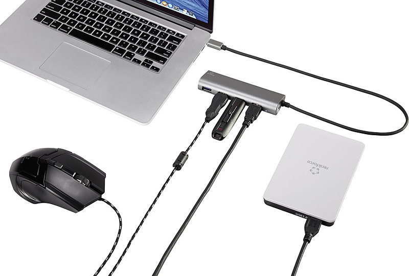 Hub USB 3.1 Renkforce 3+2 ports avec lecteur de carte SD intégré, boîtier en aluminium