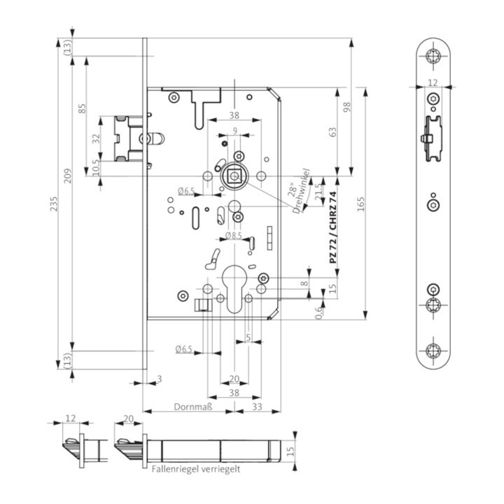 Bks Einsteckschloss Panikschloss Panikfunktion Edelstahl Pz72 9mm D65 F24x235 B-Ware