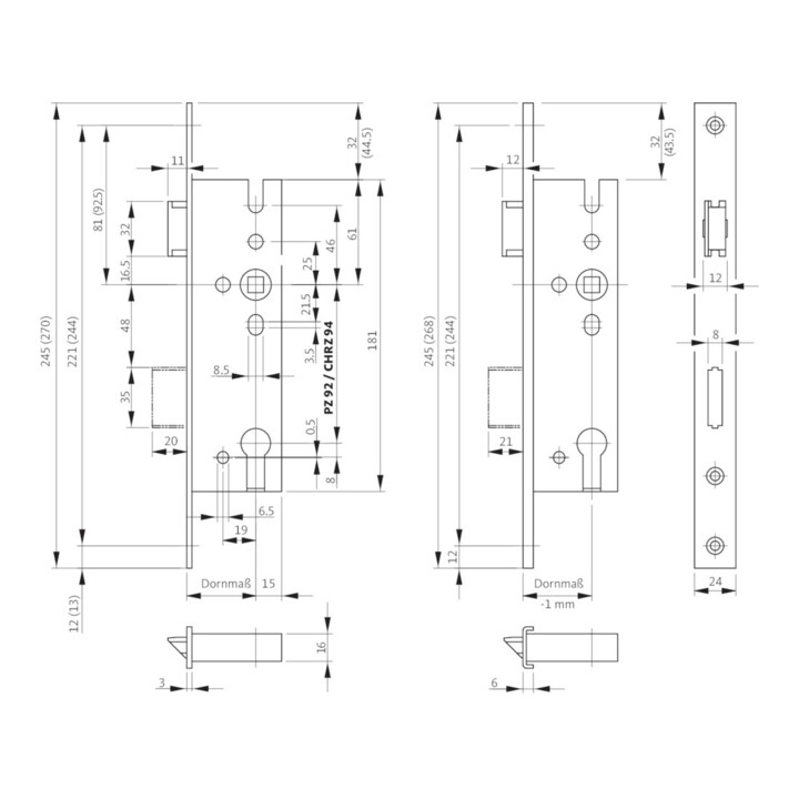 B-Ware Bks Einsteckschloss Schloss Türschloss Pz Edelstahl Matt 245mm Din L/R 92mm - 4015540579189